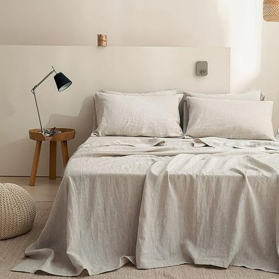 Breathable Luxury 100% Linen Sheet Set Solid Color-4 Pcs Washed French Linen Bed Sheets(1 Flat Sheet,1 Fitted Sheet,2 Pillowcases)-Brea... - Premium Ultra-Soft Pillowcase Pair for Sleeping - Default Title