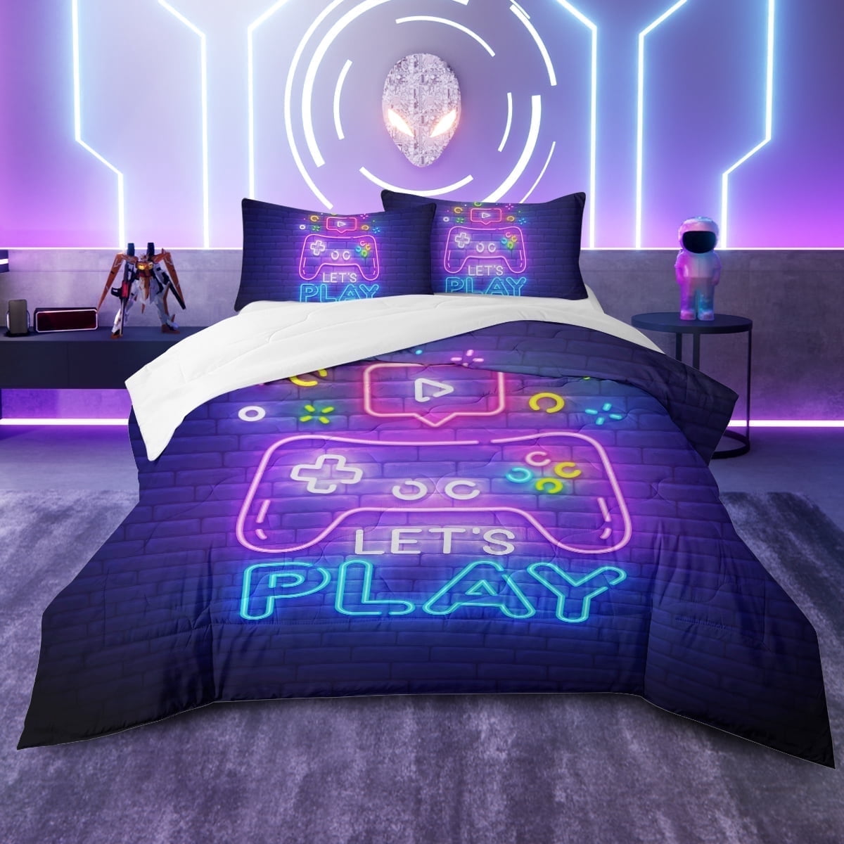 Hypoallergenic Cloud Gaming Comforter Set for Boys, 3-Piece Abstract Neon Kids Bedding Sets Twin Size - Hypoallergenic Ultra-Fluffy Quilt for Winter - Default Title