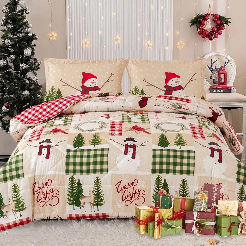 All-Season 3 Pcs Christmas Comforter Set, Bed in a Bag Wreath Snowman Queen/Full Size Xmas Bedding Set Fitted Pillowcases for Adult - Hypoallergenic Ultra-Fluffy Quilt for Winter - Default Title