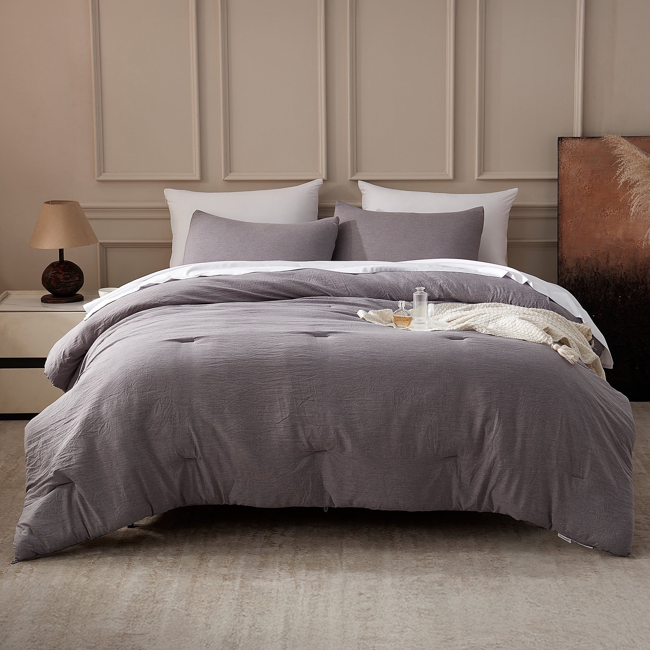 Luxurious Quilted Washed Comforter Set Full Size - 3 Pieces Soft Luxury Cationic Dyeing Bedding Sets, Linen-Like Texture Breathable Wri... - Luxurious Quilted Duvet Cover Set - Default Title