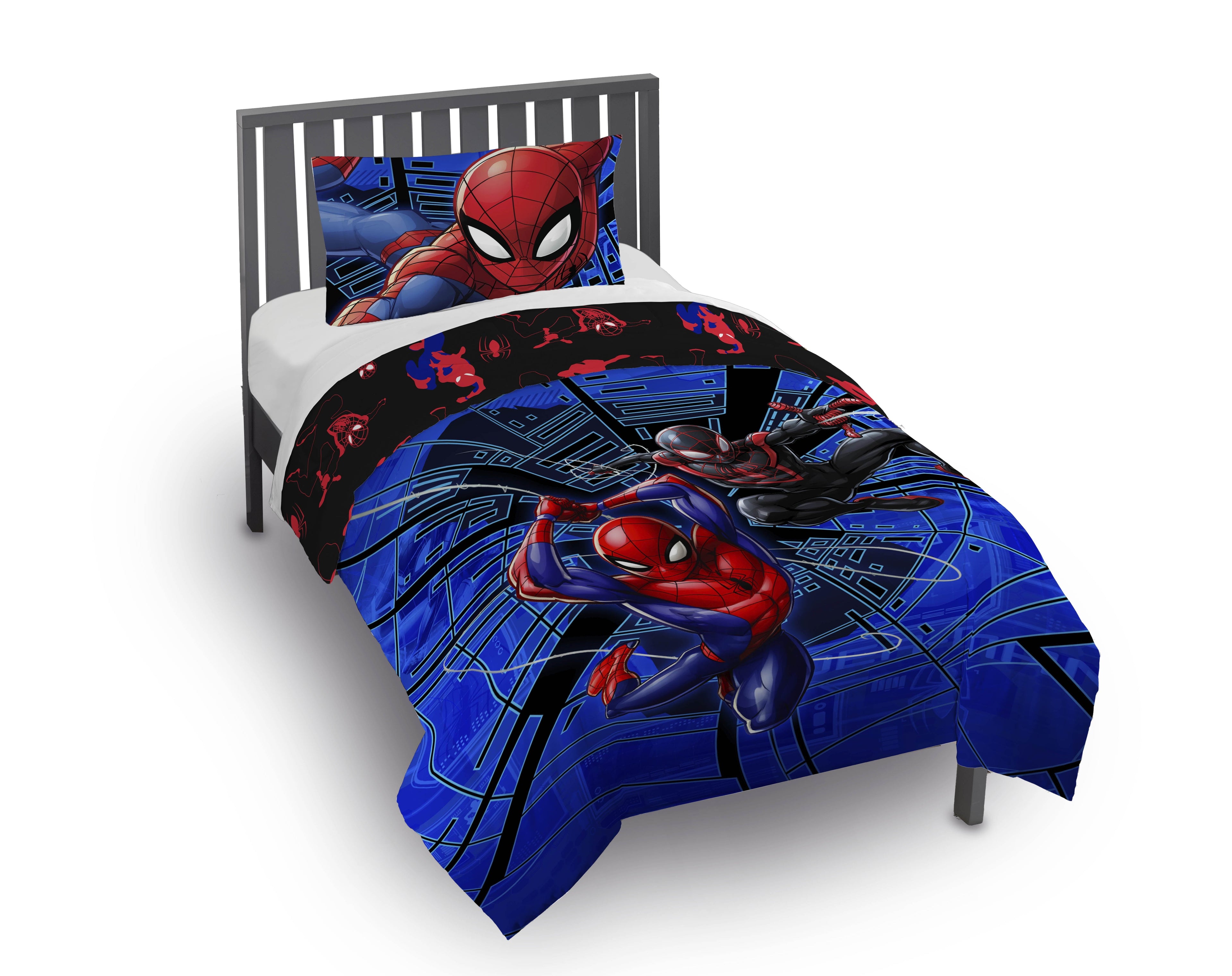 Fluffy Down Alternative Spiderman Techno City Kids 2 Piece Blue Reversible Comforter and Pillowcase Set, Twin/Full - All-Season Down Alternative Comforter Insert - Default Title