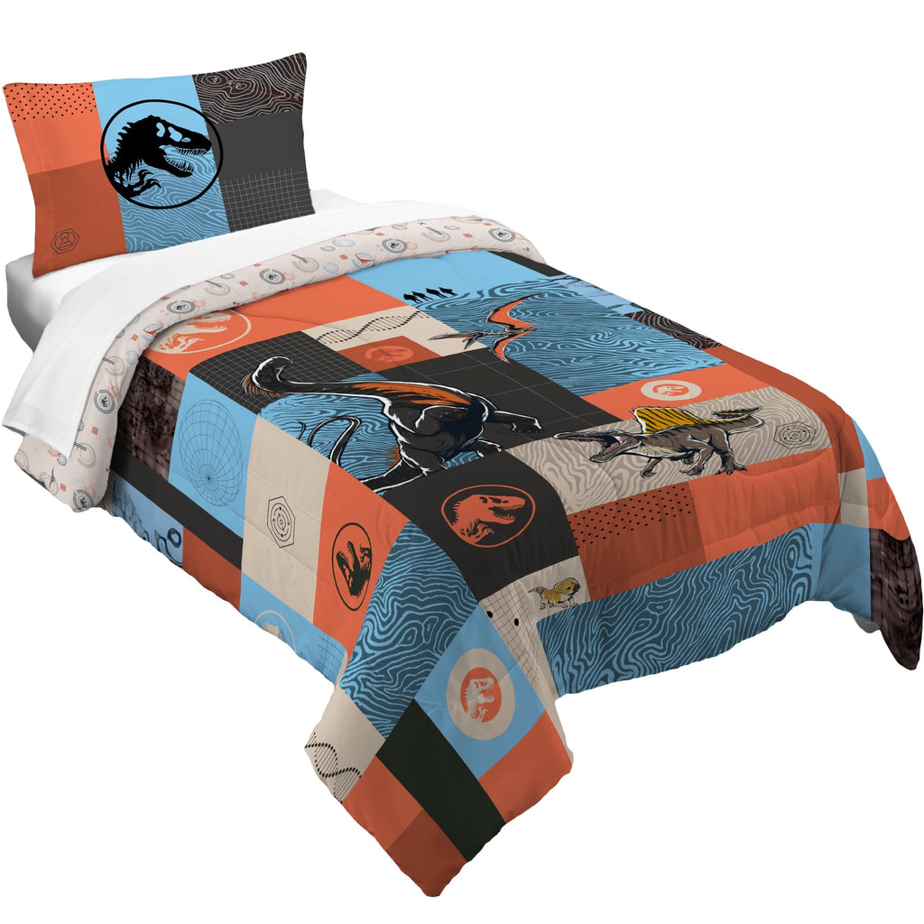 Luxurious Quilted Kids 2 Piece Blue Orange Reversible Dinosaur Comforter and Pillowcase set, Twin/full - All-Season Down Alternative Comforter Insert - Default Title