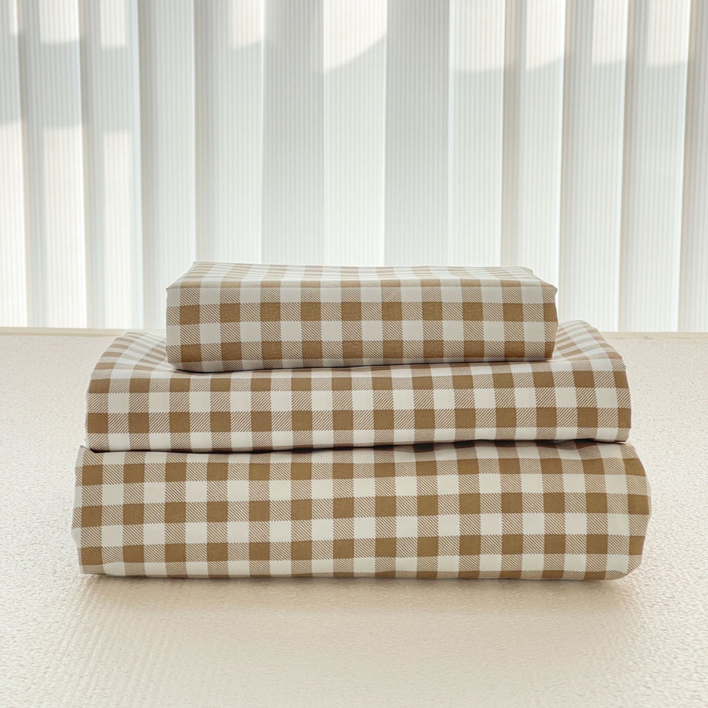Cooling Sateen Sheet Set, Soft Brushed Microfiber Taupe Plaid Sheets, 4-Piece Brown Grid Set with Deep Pocket - Breathable Egyptian Cotton Flat & Fitted Sheets - Default Title