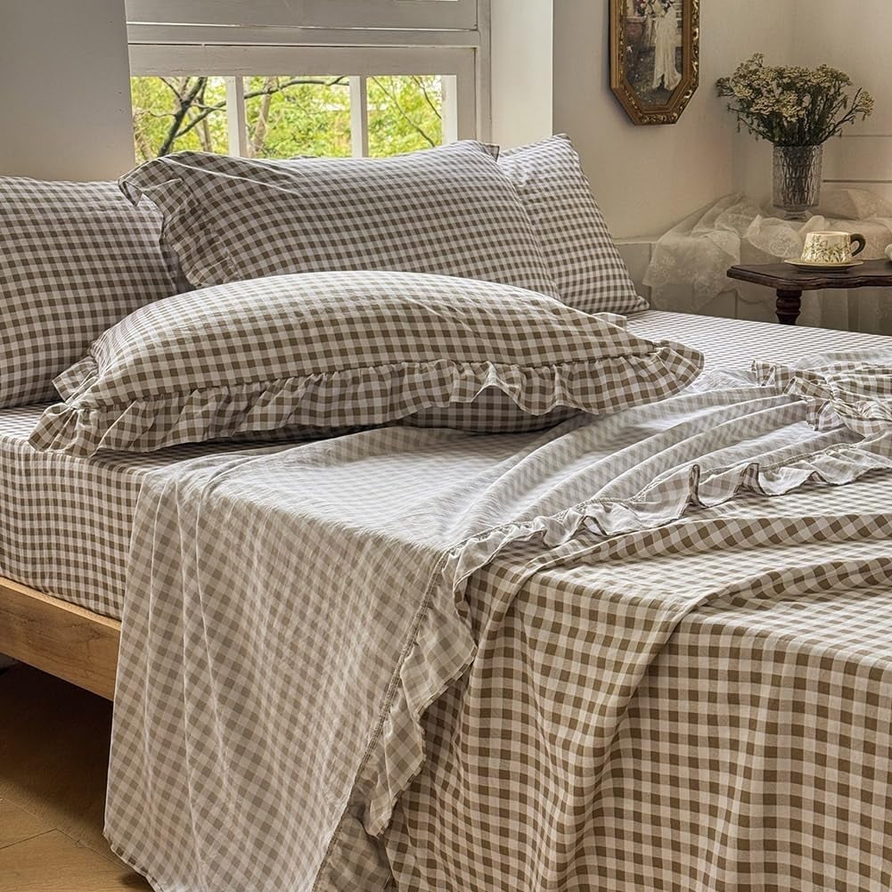 Ultra-Soft Tan Gingham Ruffle Queen Sheet Set, Taupe Soft Pre-Washed Microfiber Plaid Ruffled Queen Bed Sheets, 4-Pieces Farmhou... - Luxury Bed Sheet Set with Deep Pockets - Default Title