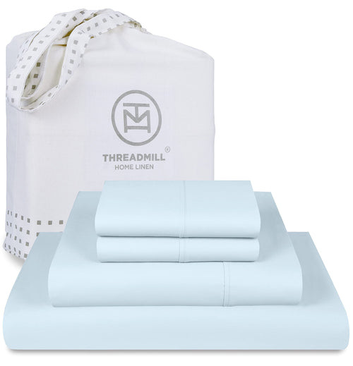 Cooling Sateen 100% Cotton King Bed Sheets Set - 4-Piece, 300 Thread Count, Lightweight Sateen, Light Blue - Cooling Hotel Quality Bedding Sheets and Pillowcases - Default Title