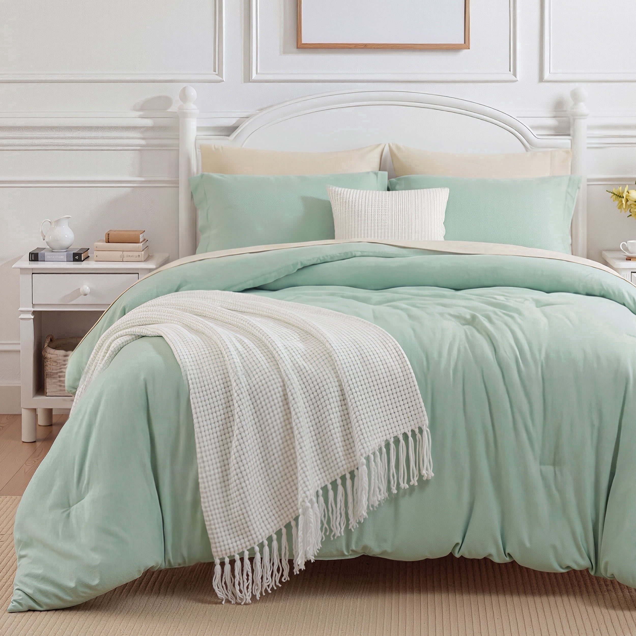 Fluffy Down Alternative Queen Comforter Set Sage Green, 7 Pieces Lightweight Queen Bedding Sets, Contrasting Design - Hypoallergenic Ultra-Fluffy Quilt for Winter - Default Title
