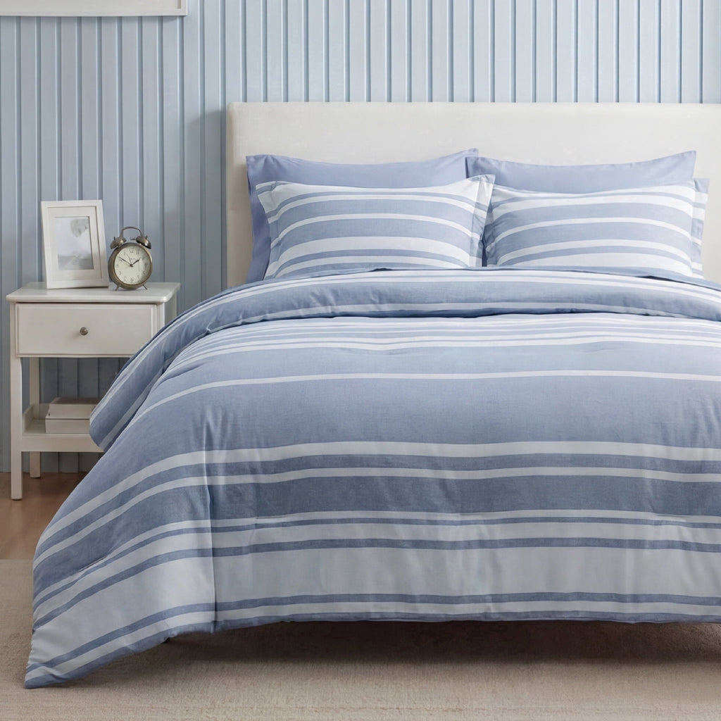 Fluffy Down Alternative Queen Comforter Set Blue, Bed in a Bag Queen Size Bedding 7-Pieces, Striped Bedding Set for All Seasons - Luxurious Quilted Duvet Cover Set - Default Title