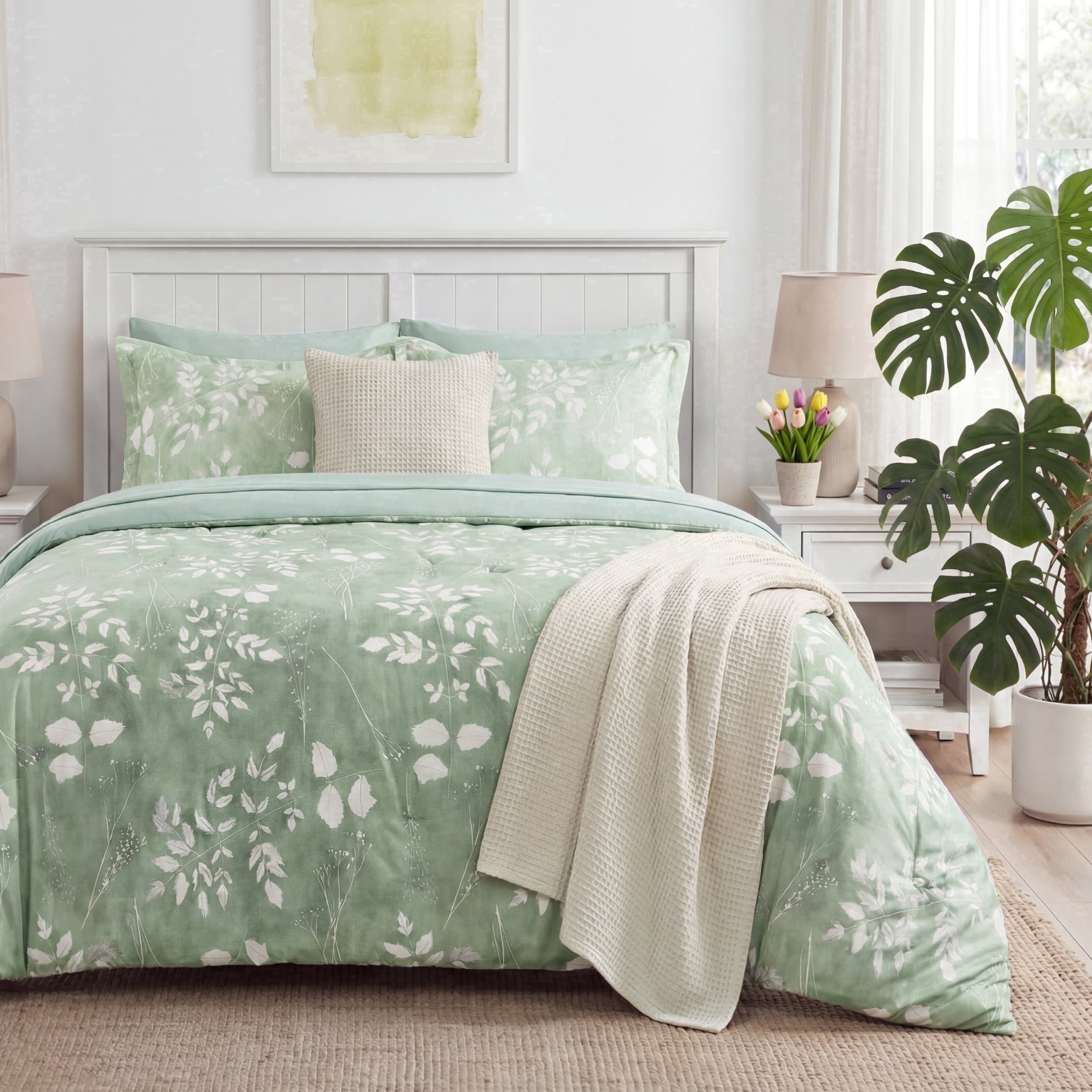 Fluffy Down Alternative Queen Comforter Set Sage Green, Bed in a Bag Queen Size Bedding, 7-Pieces Botanical Flowers Spring Comforter, Sheets,... - Luxurious Quilted Duvet Cover Set - Default Title