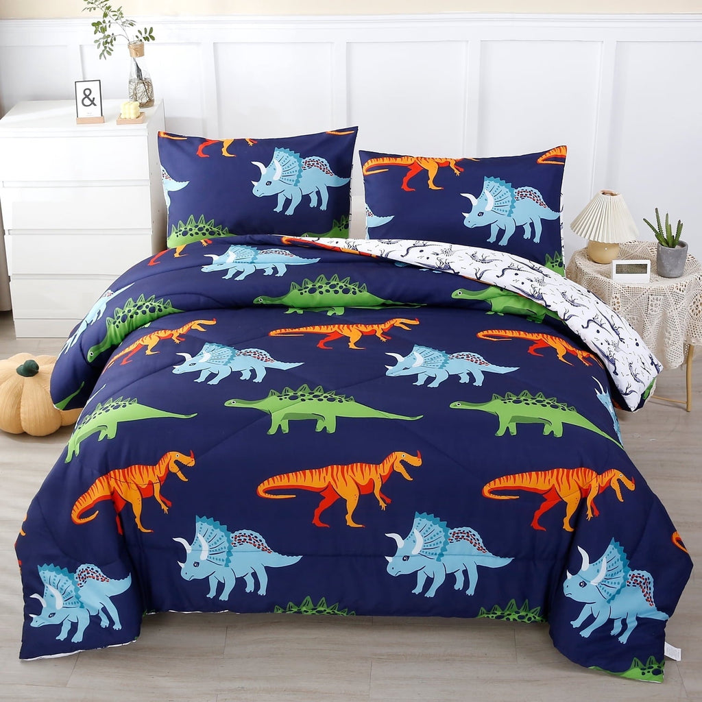Luxurious Quilted 3 Pcs Dinosaur Twin Size Bedding Sets for Boys, Dinosaur Printing Boys Comforter Set, Blue and White Reversible Bed C... - Luxurious Quilted Duvet Cover Set - Default Title