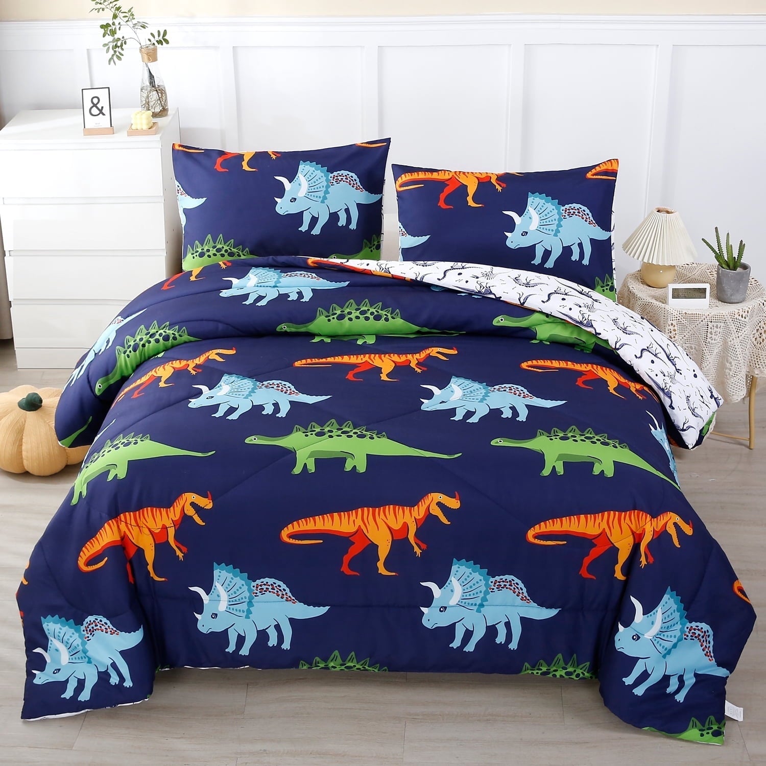 Luxurious Quilted 3 Pcs Dinosaur Twin Size Bedding Sets for Boys, Dinosaur Printing Boys Comforter Set, Blue and White Reversible Bed C... - Luxurious Quilted Duvet Cover Set - Default Title