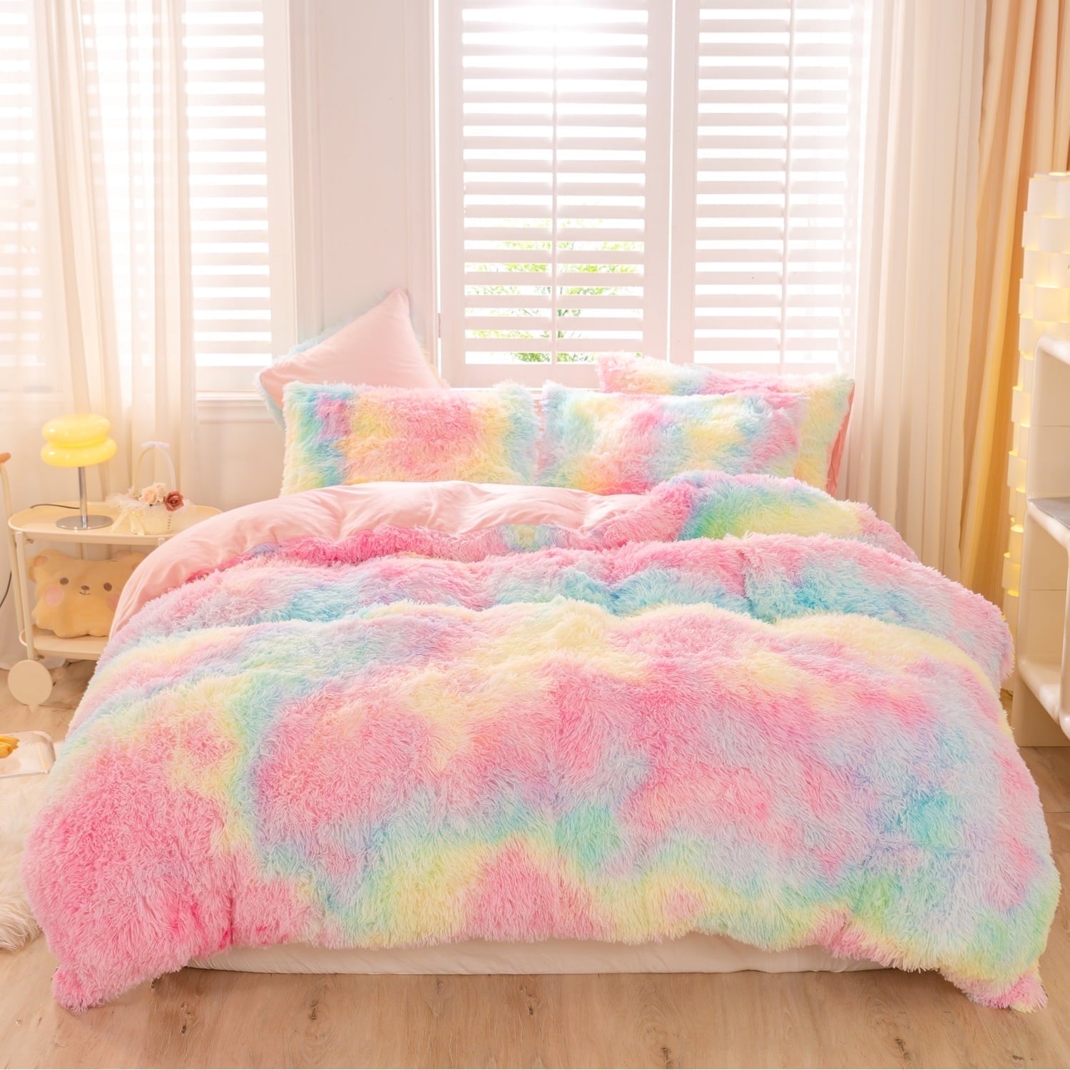Fluffy Down Alternative 3Pcs Pink Faux Fur Twin Comforter Set for Girls Tie Dye Rainbow Kid Bed Set Plush Shaggy Bedding Sets Fuzzy Bed Comfo... - Hypoallergenic Ultra-Fluffy Quilt for Winter - Default Title