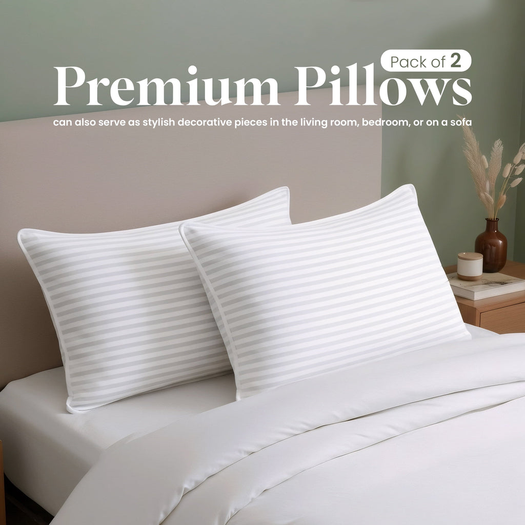 Ergonomic Memory Foam Bed Pillow with White Stripes - Set of 2 - Ultra Cozy & Relaxing For Adults, (Queen, 28"L x 20" W) - Hotel Quality Plush Sleeping Pillows - Default Title