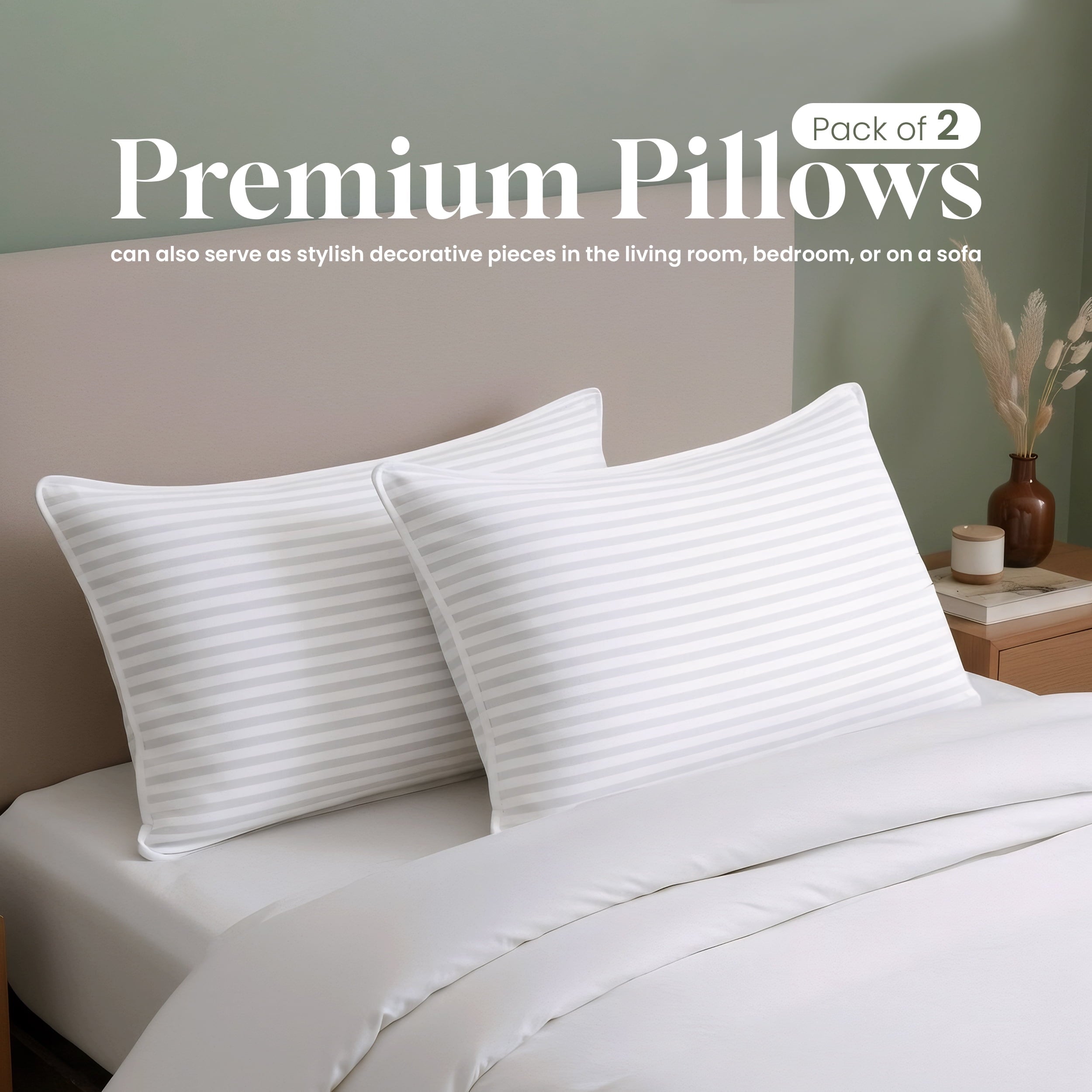 Ergonomic Memory Foam Bed Pillow with White Stripes - Set of 2 - Ultra Cozy & Relaxing For Adults, (Queen, 28"L x 20" W) - Hotel Quality Plush Sleeping Pillows - Default Title