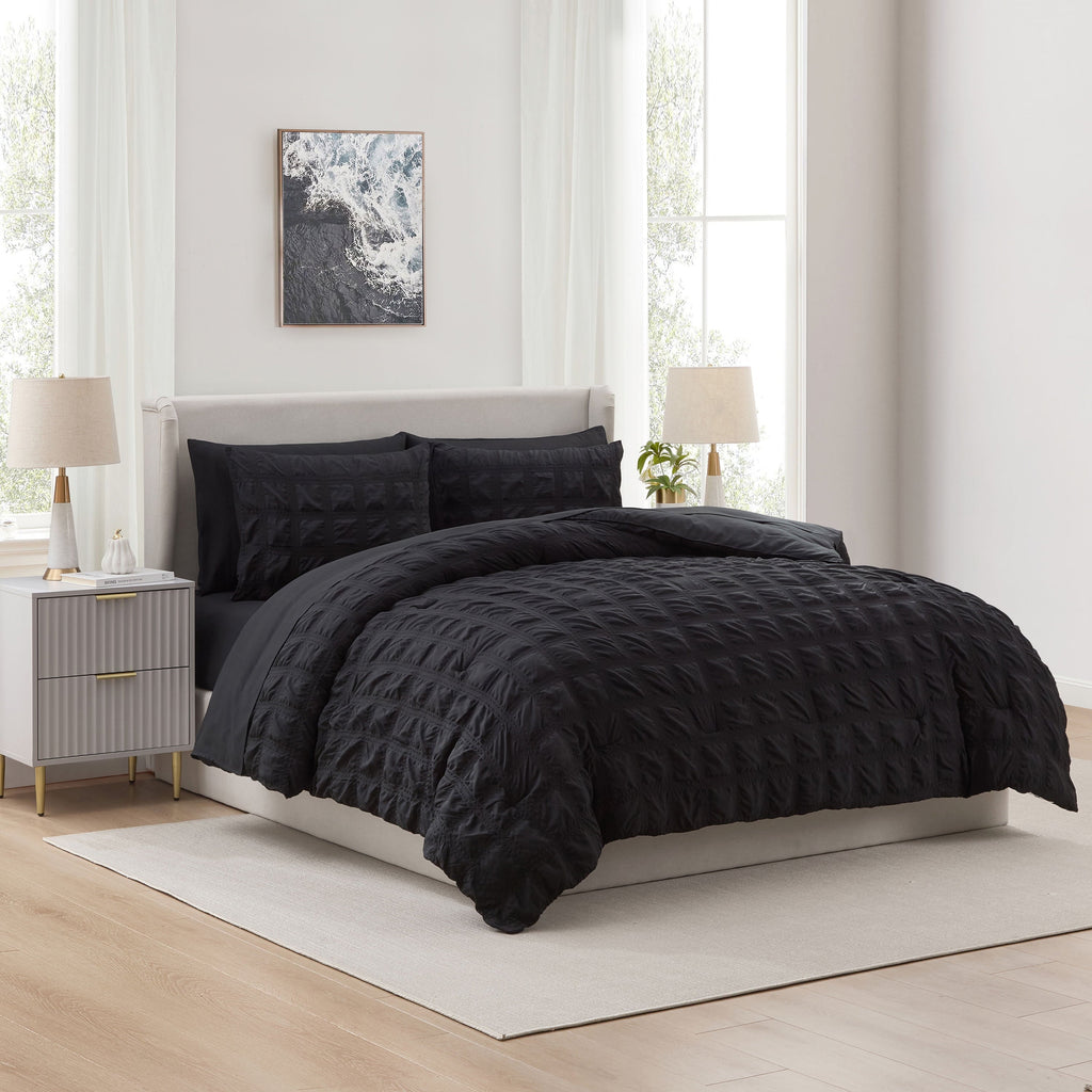 Fluffy Down Alternative Queen Comforter Set, Seersucker Queen Size Comforter Set, 7-Pc All Season Bedding Comforter Set, Black - Hypoallergenic Ultra-Fluffy Quilt for Winter - Default Title