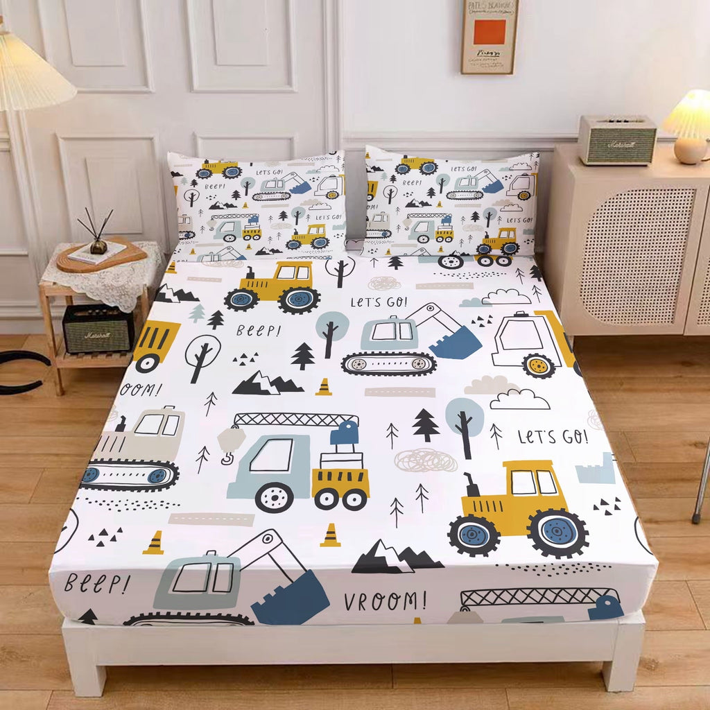 Wrinkle-Resistant Cartoon Excavator Sheet Set for Kids Boys Truck Construction Bedding Set Engineering Vehicle Bed Sheet Sets with 1 Fi... - Breathable Egyptian Cotton Flat & Fitted Sheets - Default Title