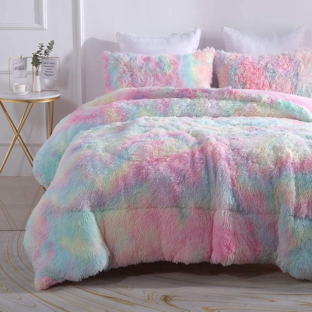 Fluffy Down Alternative Plush Shaggy Comforter Set Fluffy Fuzzy Faux Fur Bedding Set - Microfiber Soft Warm Quilt Set(Rainbow Pink,Queen Size) - Luxurious Quilted Duvet Cover Set - Default Title
