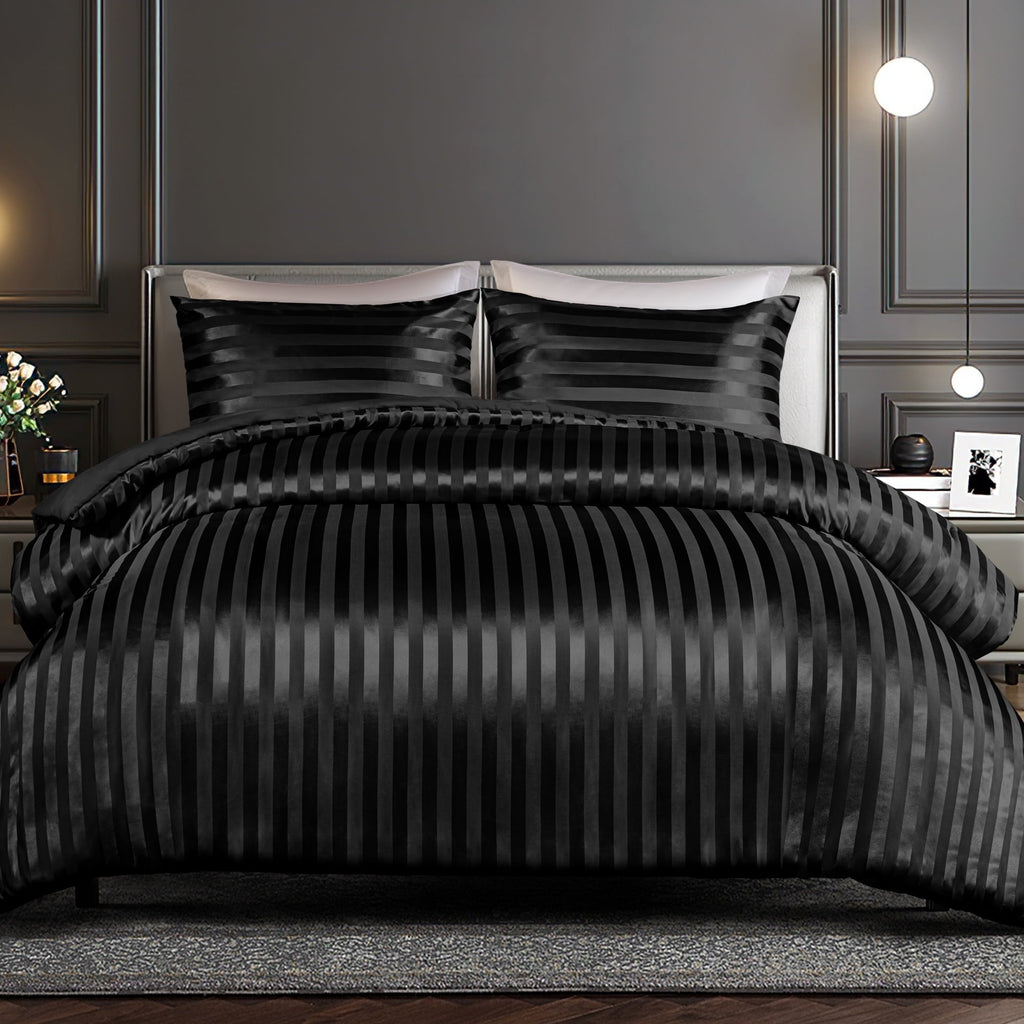 All-Season 3-Piece Reversible Silky Soft King Size Comforter Set, Luxury Stripe Satin Oversized Comforter Bedding Set with 2 Sat... - Cloud-Like Soft Lightweight Bed Comforter - Default Title