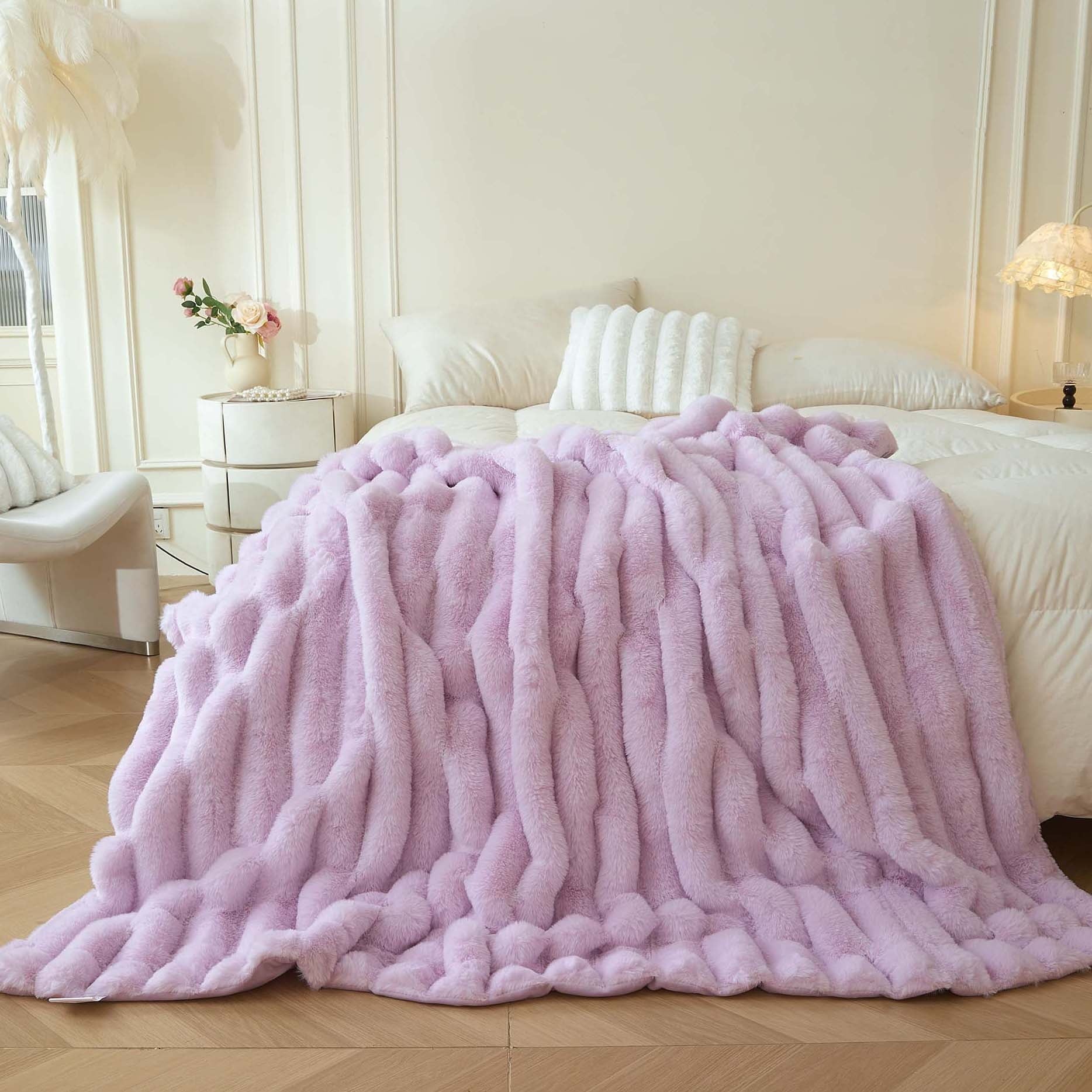 Lightweight Warm Fluffy Faux Rabbit Fur Throw, Cozy Wide Stripe Plush Fuzzy Blanket for Bed Couch Sofa Chair, Light Purple Shaggy Thro... - Cozy Fleece Throw Blanket for Couch & Bed - Default Title
