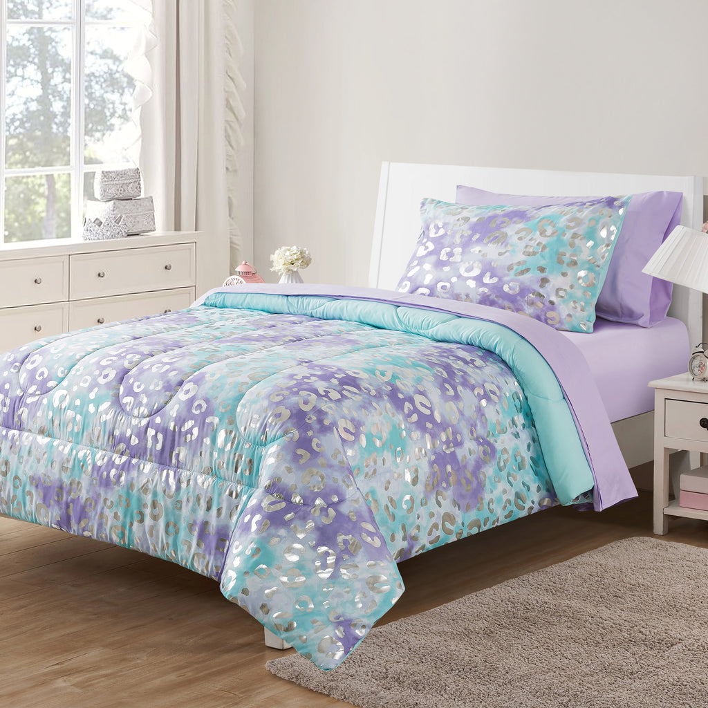 Fluffy Down Alternative 5-Piece Purple Metallic Foil Cheetah Bedding Set for Kids with Storage Bag, Twin - Hypoallergenic Ultra-Fluffy Quilt for Winter - Default Title