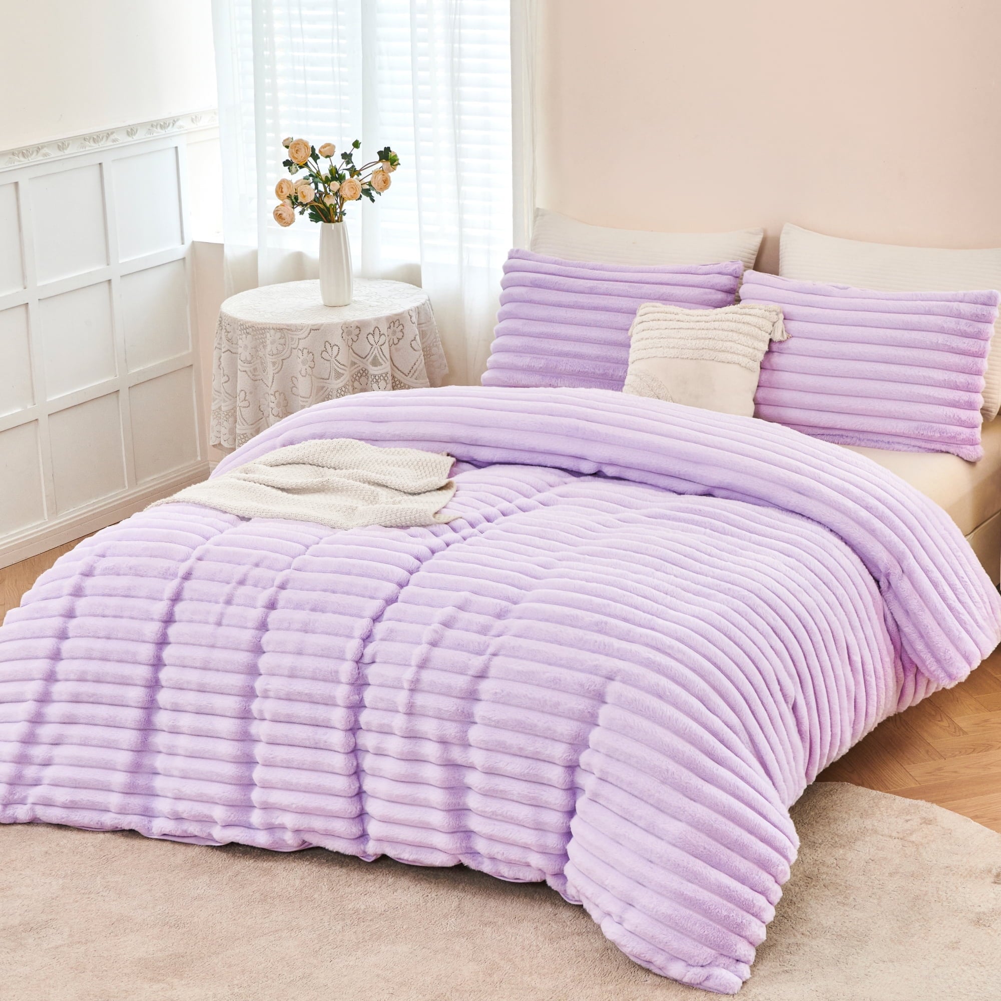 Luxurious Quilted Fleece Twin Comforter Set, Light Purple Super Soft Furry Plush Bedding, Luxury Fluffy Fuzzy Heavy Bed Set for Winter ... - Luxurious Quilted Duvet Cover Set - Default Title
