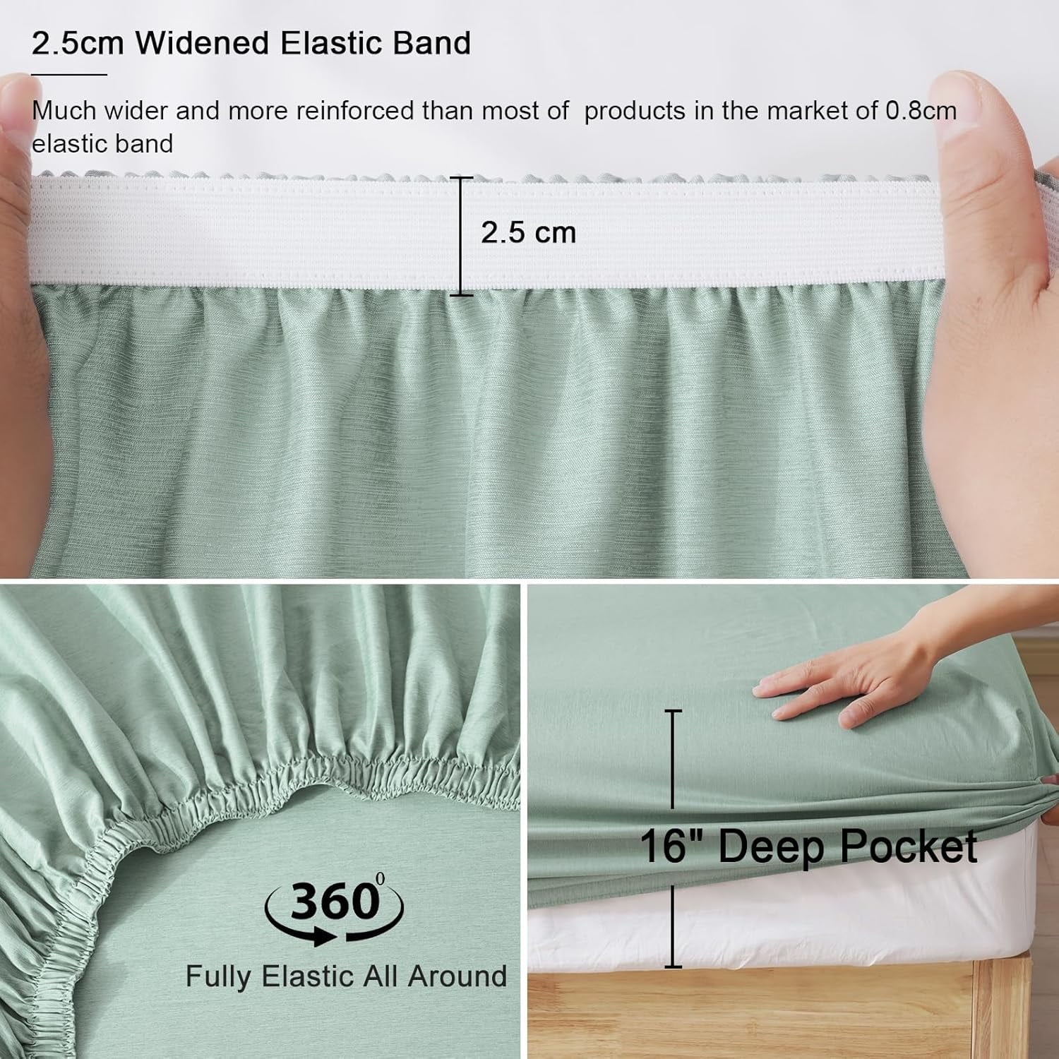 Wrinkle-Resistant Bamboo Bed Sheet Sets, 4 Pieces King Silky Soft Bedding Sheets, 1800 Thread Count 16 Inch Deep Pockets, Sage Green - Luxury Bed Sheet Set with Deep Pockets Detail