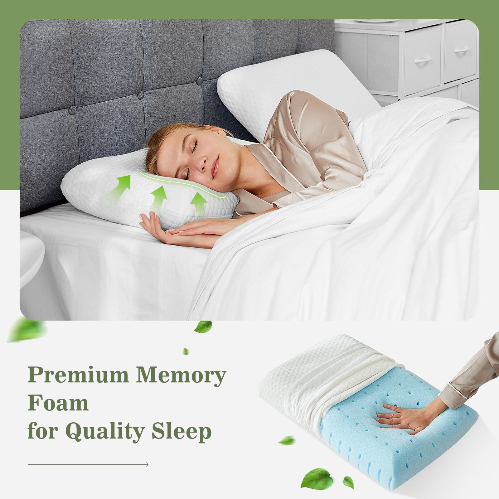 Ergonomic Memory Foam Memory Foam Pillow for Sleeping, 24"D x 16"W x 4.7"H, Soft Supportive Hotel Pillow for Bed, Washable Cover, Set of 2 - Orthopedic Shredded Foam Bed Pillow Set Detail