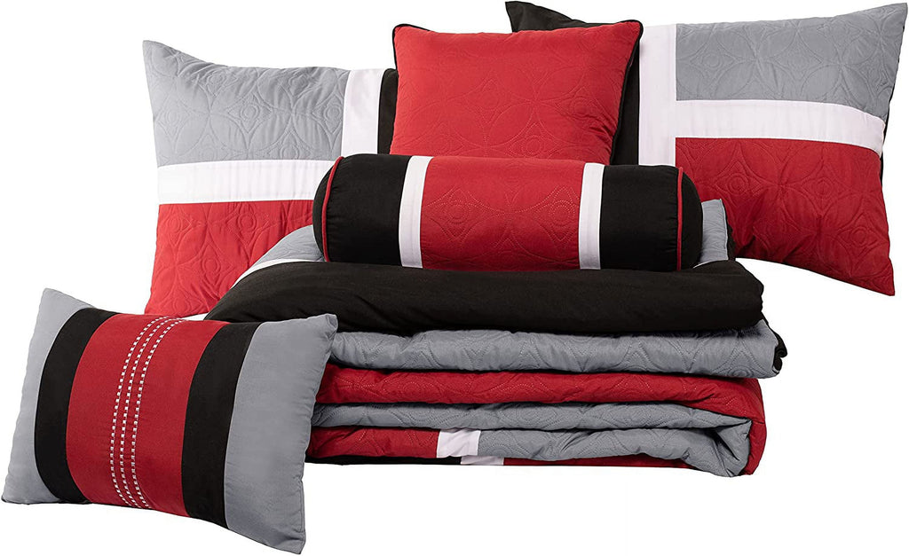Luxurious Quilted 7-Piece Medallion Patchwork Comforter Set, Full, Red/Gray/Black - All-Season Down Alternative Comforter Insert Detail