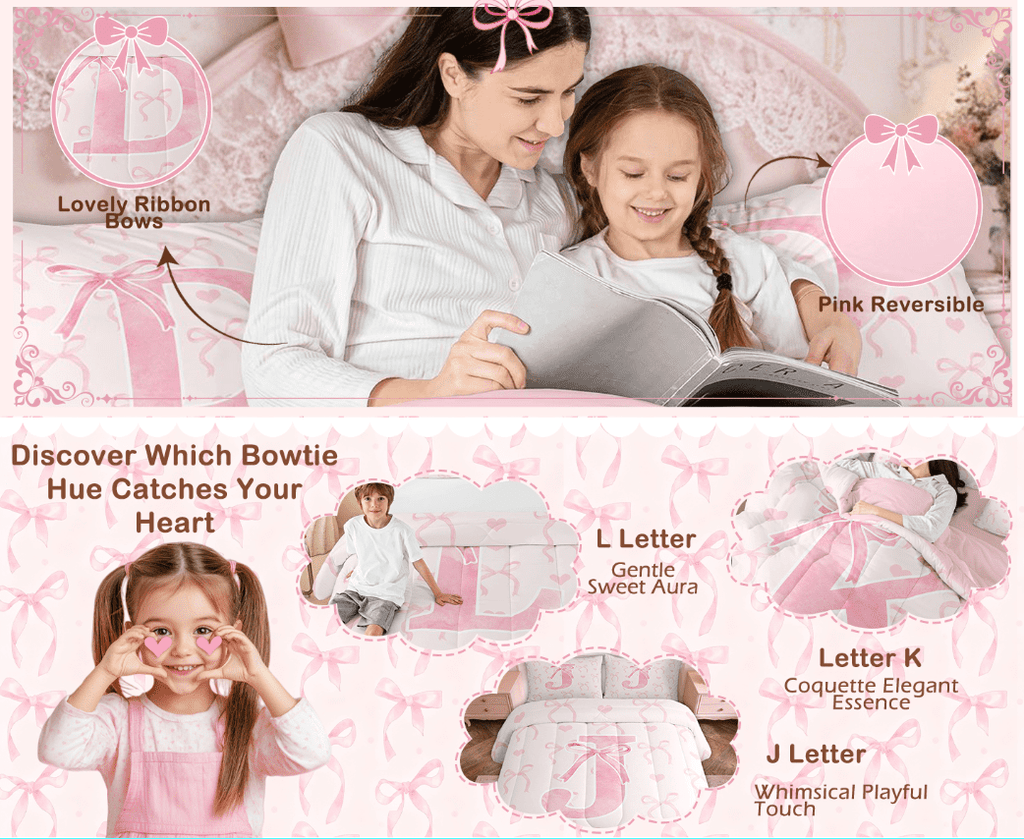 Hypoallergenic Cloud Kawaii Bowknot Bedding Sets Full with Comforter, Initial H Duvet Insert, Romantic Initial A-Z Decor, Reversible - All-Season Down Alternative Comforter Insert Detail