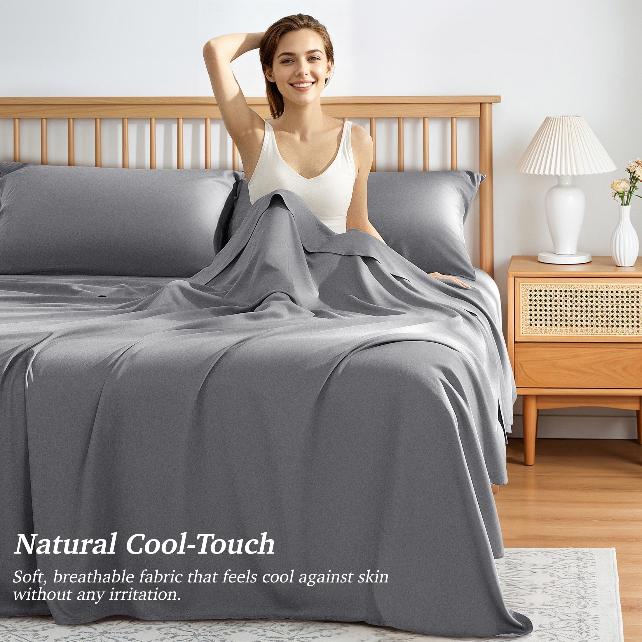 Ultra-Soft Bamboo Queen Sheet Set, Luxury Soft 4 Pieces Bed Sheets with 18" Deep Pocket, Gray - Cooling Hotel Quality Bedding Sheets and Pillowcases Detail