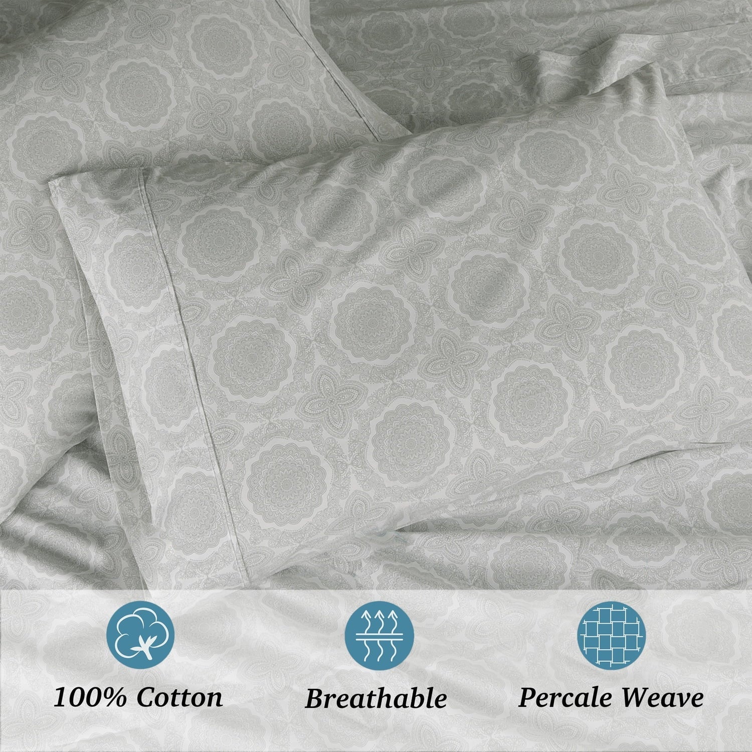 Cooling Sateen 100% Cotton Queen Sheets Set, 4 Piece Bed Sheets Set with HeiQ Fresh, Percale Weave, Hotel Luxury, Ultra Soft Sheets ... - Breathable Egyptian Cotton Flat & Fitted Sheets Detail