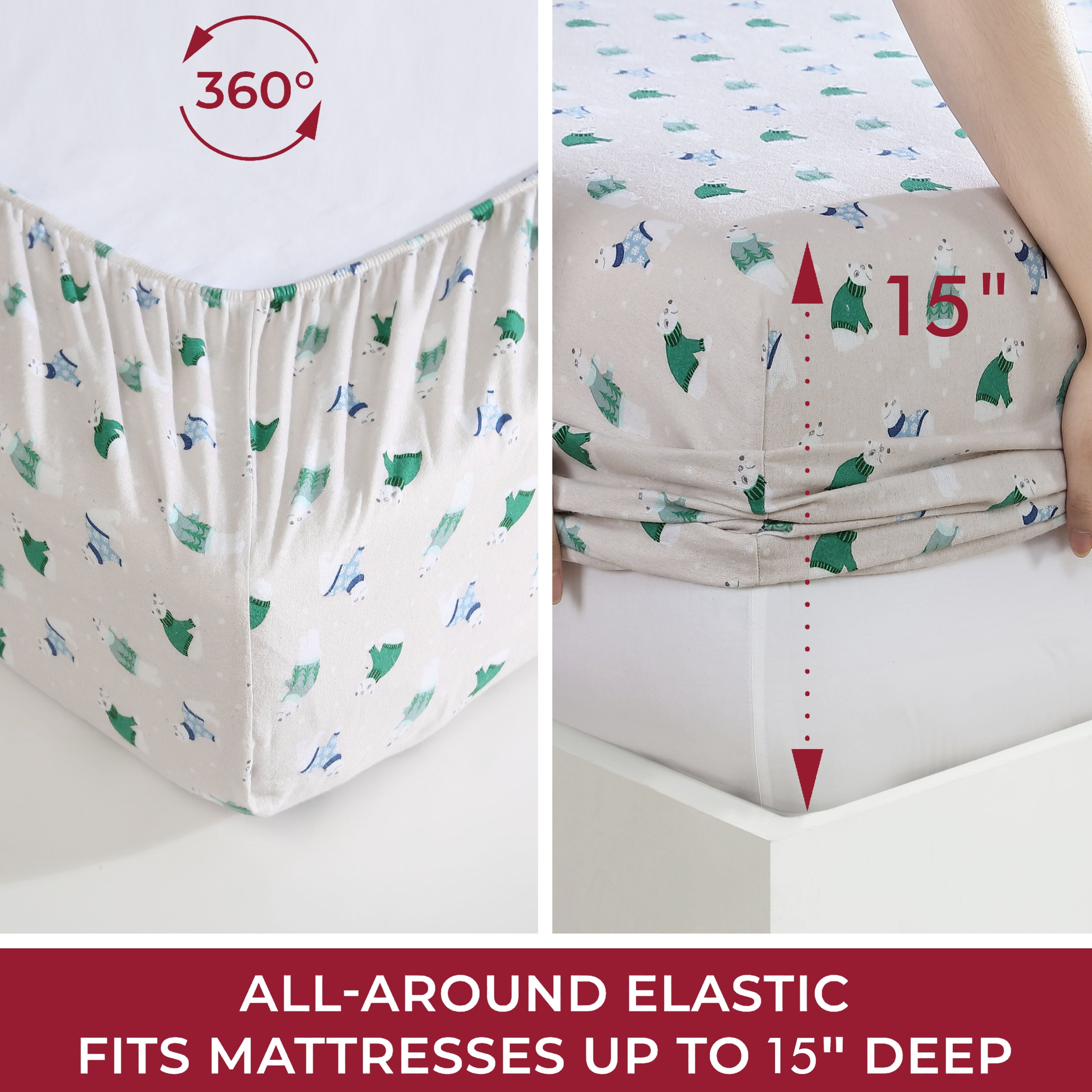 Premium Egyptian Cotton Winter Nights Cotton Flannel Sheet Set, King, Holiday Bears - Luxury Bed Sheet Set with Deep Pockets Detail