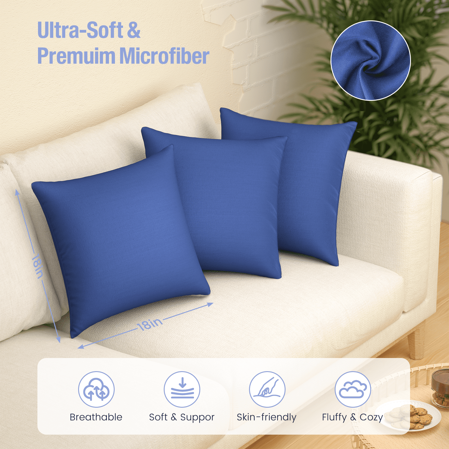 Decorative Plump Throw Pillow Inserts Set of 2, Indoor Decorative 18x18 inches Square Pillows for Couch, Sofa, Bed, Supportive Cushion... - Decorative Throw Pillow Cushion for Sofa & Bed Detail