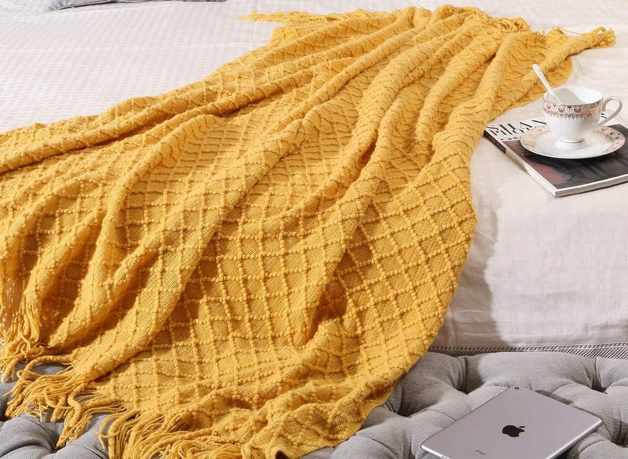 Lightweight Warm Decorative Soft Spring Summer Fall Throw Blanket ,for Couch Sofa Chair Bed,50''X60'',Mustard Yellow - Luxury Knitted Decorative Throw Blanket with Fringes Detail