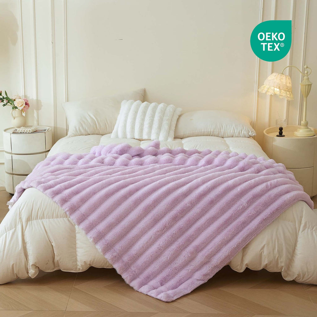 Lightweight Warm Fluffy Faux Rabbit Fur Throw, Cozy Wide Stripe Plush Fuzzy Blanket for Bed Couch Sofa Chair, Light Purple Shaggy Thro... - Cozy Fleece Throw Blanket for Couch & Bed Detail