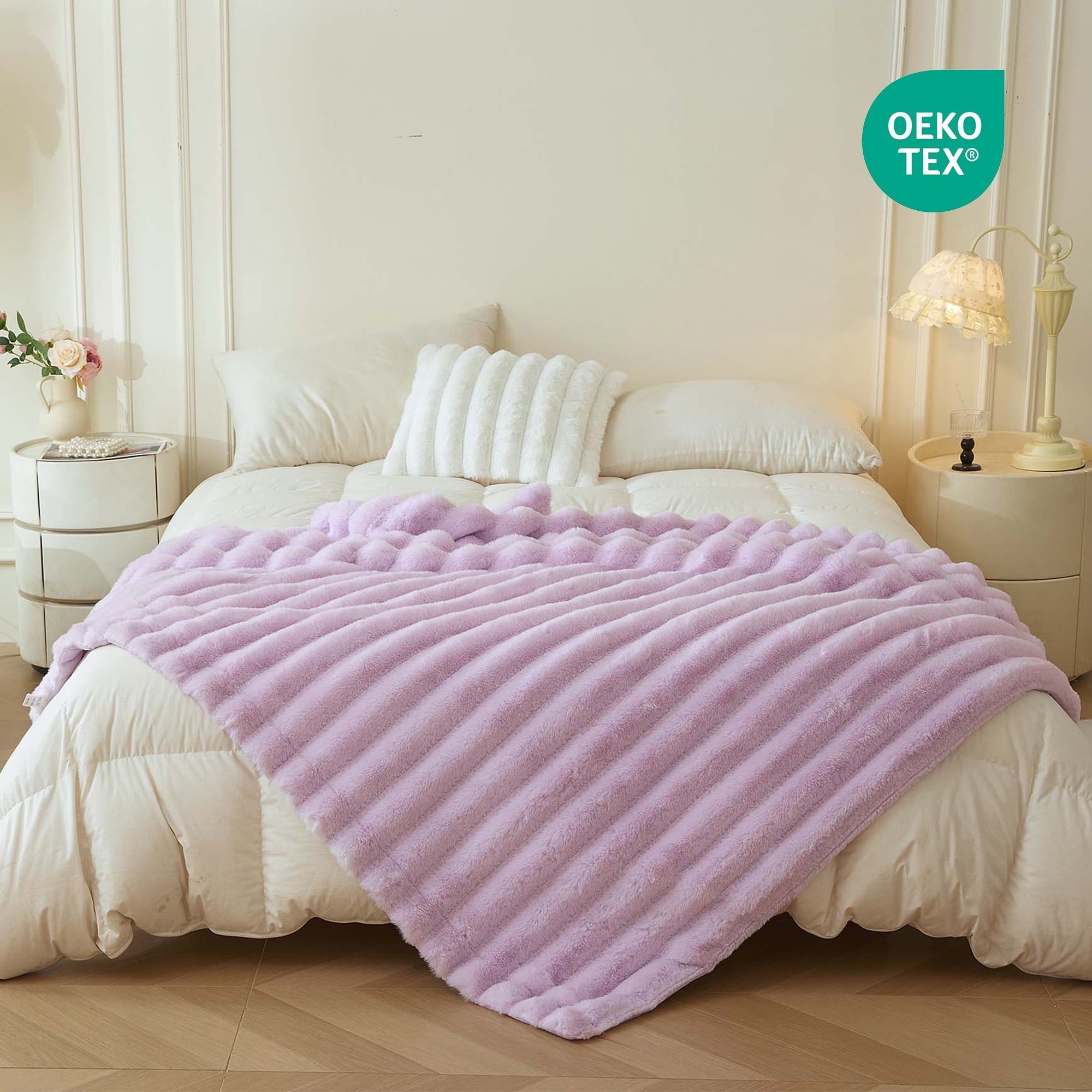 Lightweight Warm Fluffy Faux Rabbit Fur Throw, Cozy Wide Stripe Plush Fuzzy Blanket for Bed Couch Sofa Chair, Light Purple Shaggy Thro... - Cozy Fleece Throw Blanket for Couch & Bed Detail