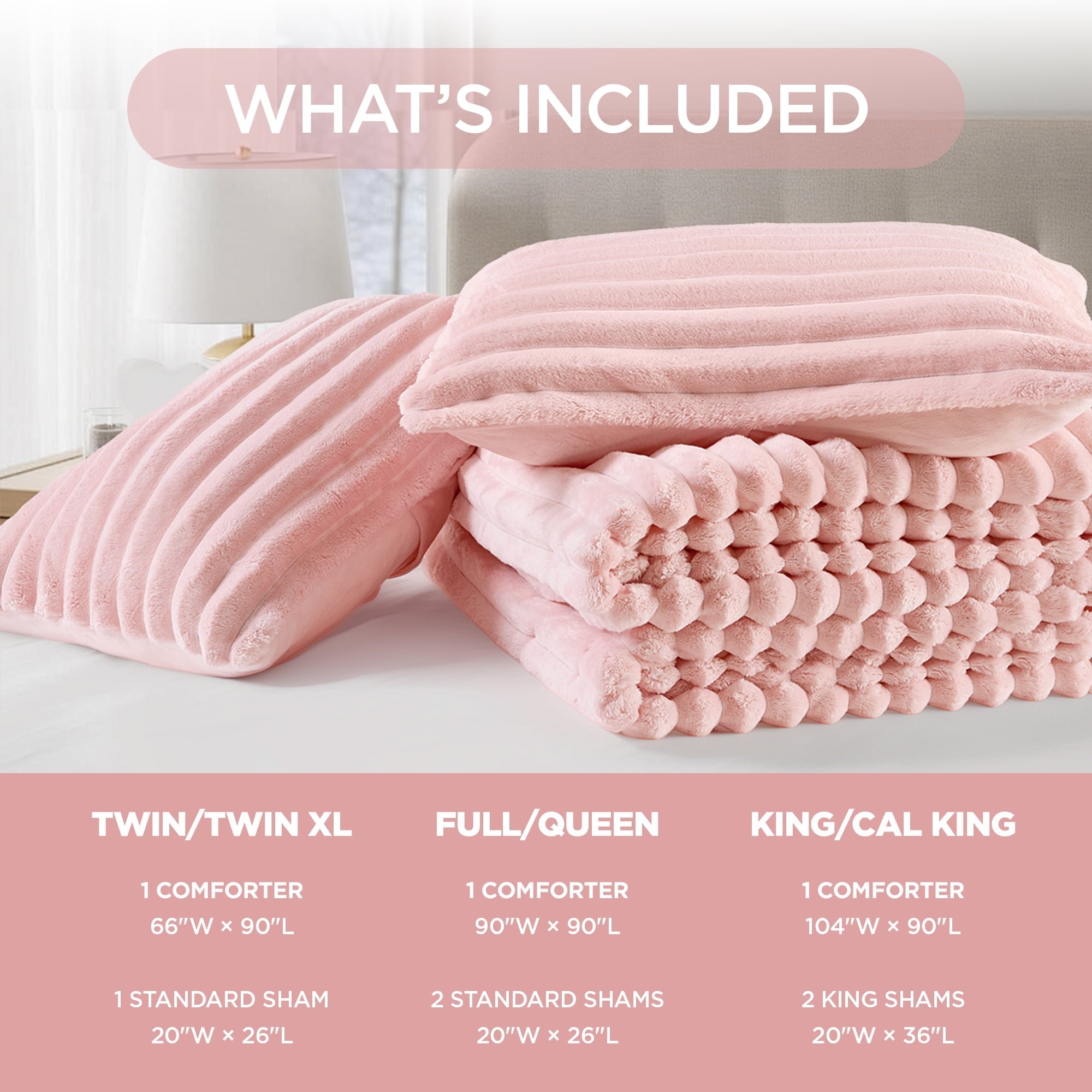 Heavyweight Warmth Full/Queen Size Comforter Set, Fluffy Ribbed Plush Comforter Set, 3-Piece Bedding Set, Pink - Luxurious Quilted Duvet Cover Set Detail