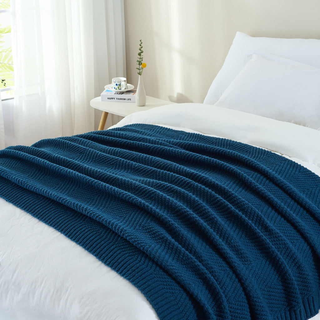 Reversible Sherpa Soft Knitted Throw Blanket 50" x 60" Navy Blue, Boho Chevron Farmhouse Throw for Bed Couch - Lightweight Plush Warm Blanket for All Seasons Detail