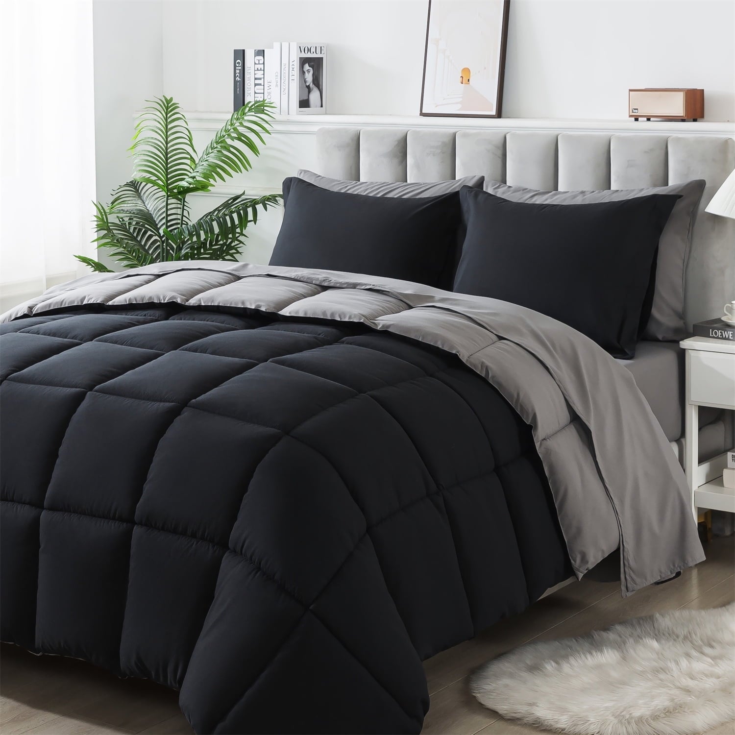 Heavyweight Warmth Queen Size 7 Piece Comforter Set | Bed in a Bag for Unisex Adult | Black/Gray - Luxurious Quilted Duvet Cover Set Detail