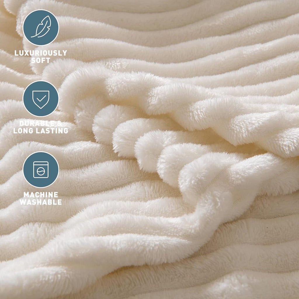 Lightweight Warm Throw Size Blanket for Couch, Sofa, Bed, Striped Beige Throw Blanket for Office Picnic Travel Bedroom, Super Soft War... - Super Soft Reversible Sherpa Flannel Blanket Detail