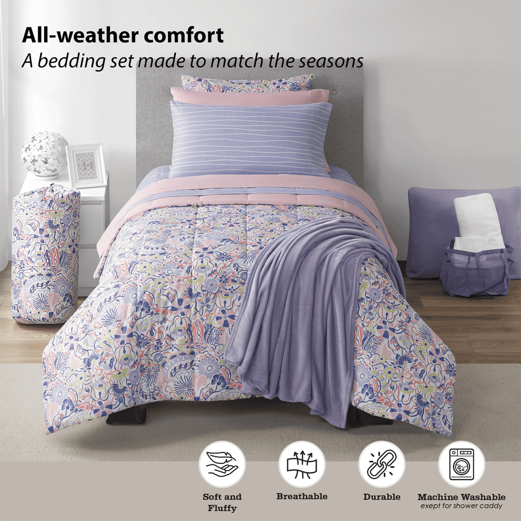 All-Season 14pc College Dorm Essentials Bundle, Twin-XL, Reversible Bed in a Bag Comforter Set, Purple Floral - Luxurious Quilted Duvet Cover Set Detail