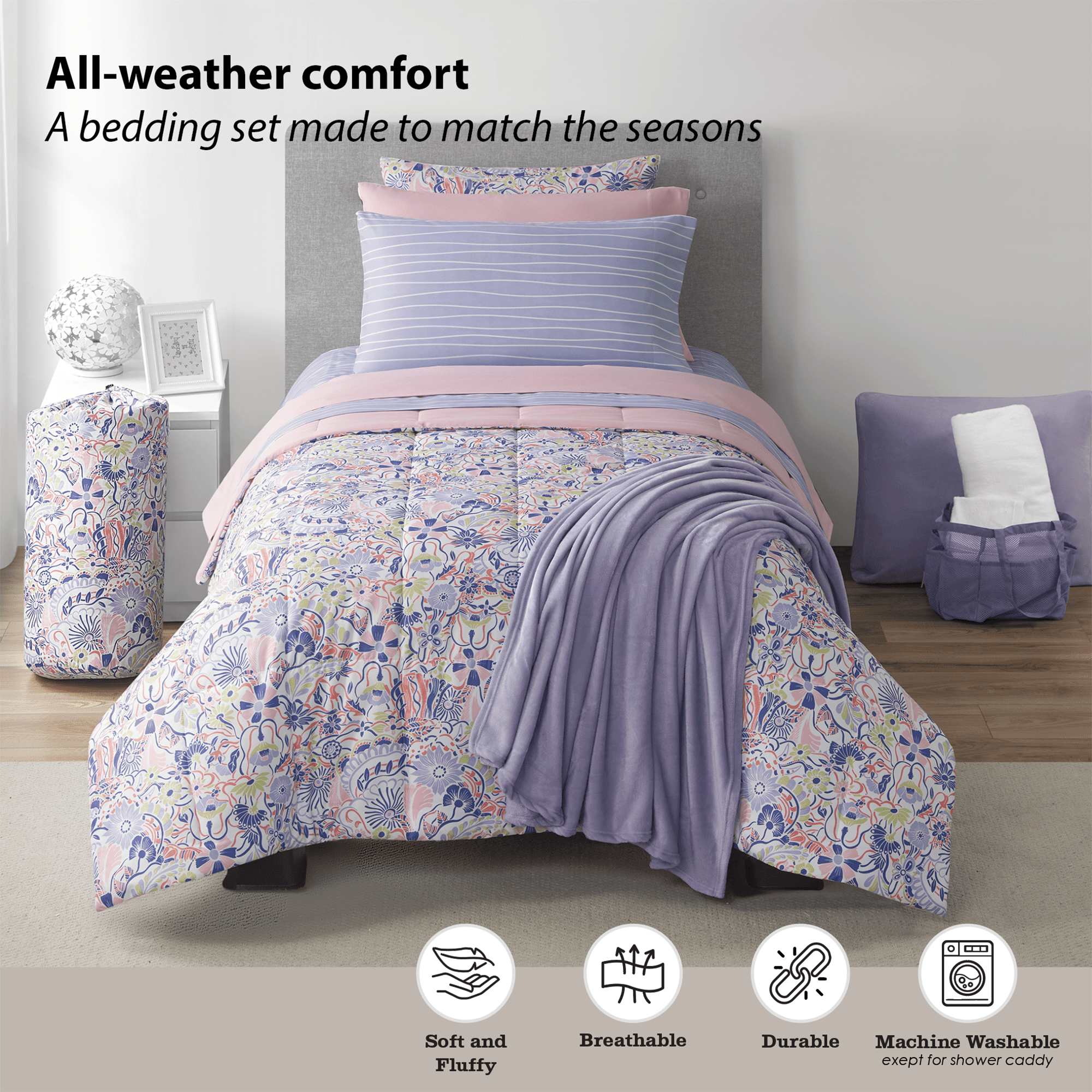 All-Season 14pc College Dorm Essentials Bundle, Twin-XL, Reversible Bed in a Bag Comforter Set, Purple Floral - Luxurious Quilted Duvet Cover Set Detail