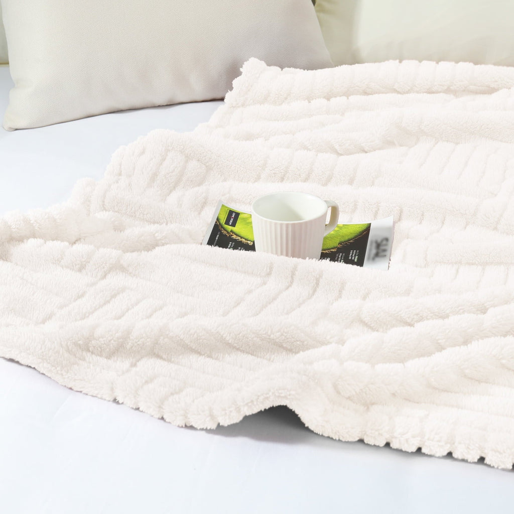Decorative Knitted Fluffy Fleece Throw Blanket 50"x60" for Couch, Bed, Sofa, Fuzzy Soft Cozy Throw with Decorative Jacquard Pattern for ... - Cozy Fleece Throw Blanket for Couch & Bed Detail