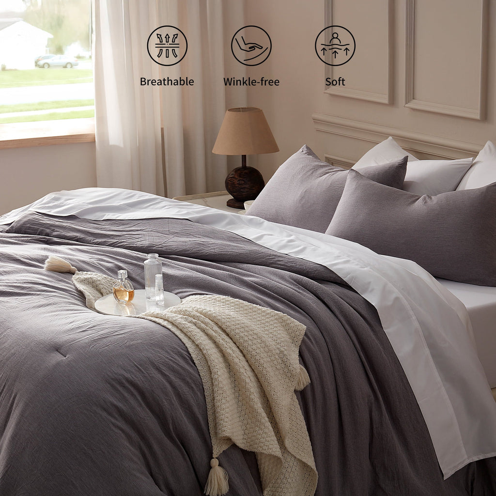 Luxurious Quilted Washed Comforter Set Full Size - 3 Pieces Soft Luxury Cationic Dyeing Bedding Sets, Linen-Like Texture Breathable Wri... - Luxurious Quilted Duvet Cover Set Detail
