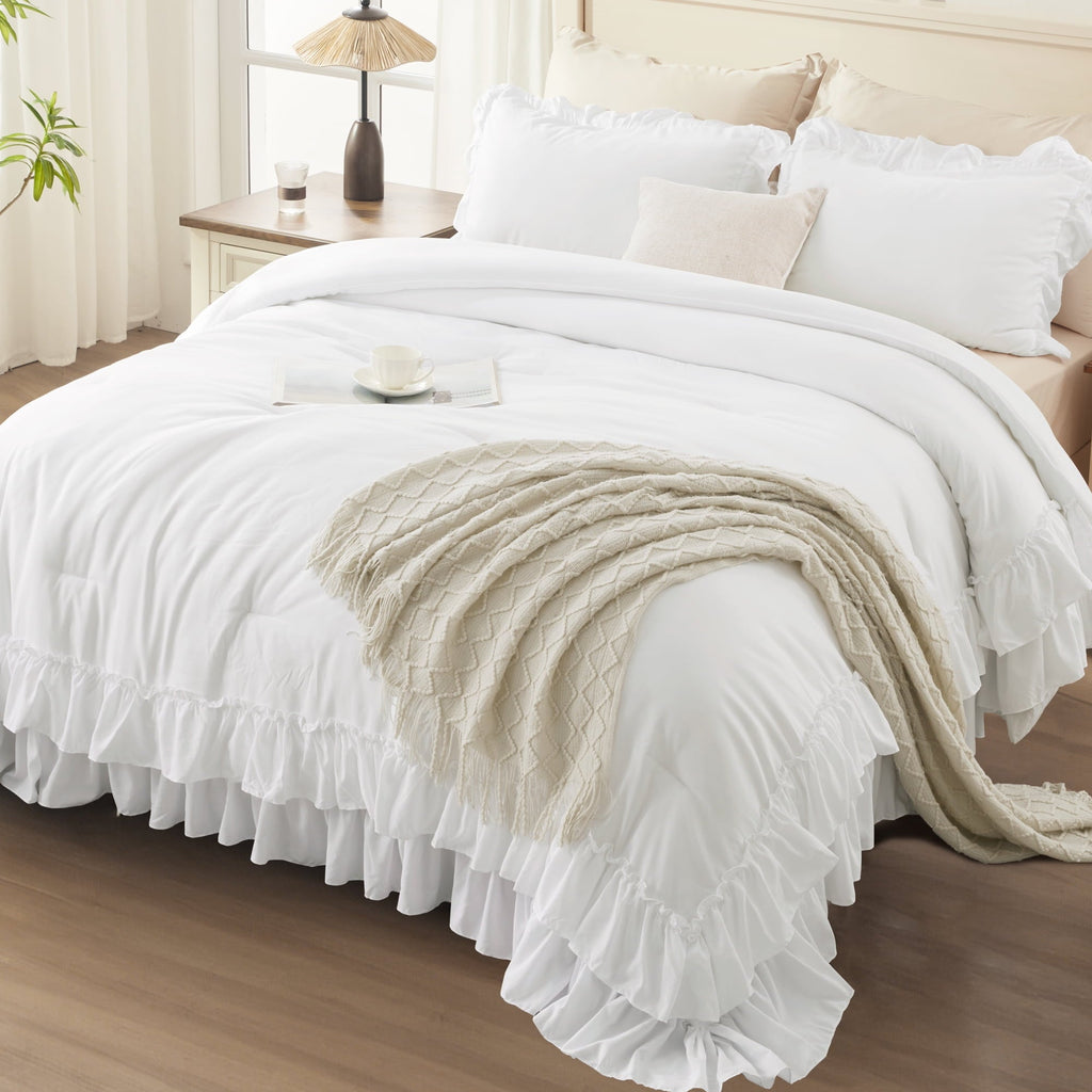 All-Season Queen Comforter Set White - 3 Pieces Soft Fluffy Ruffle Bedding Comforter Sets for Queen Bed, All Season Farmhouse Li... - Cloud-Like Soft Lightweight Bed Comforter Detail