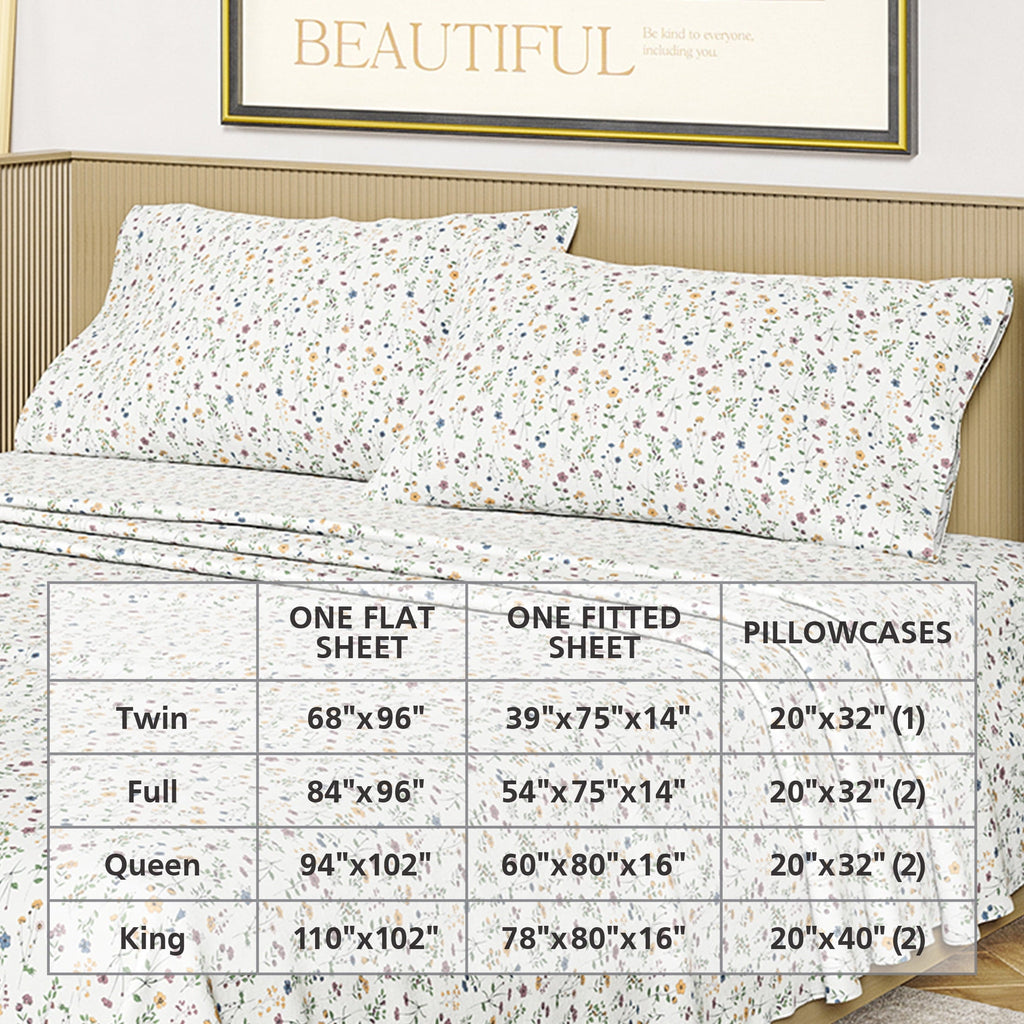 Wrinkle-Resistant Botanical 4-Piece 100% Cotton Washed Percale White Sheet Set, Queen - Premium Ultra-Soft Pillowcase Pair for Sleeping Detail