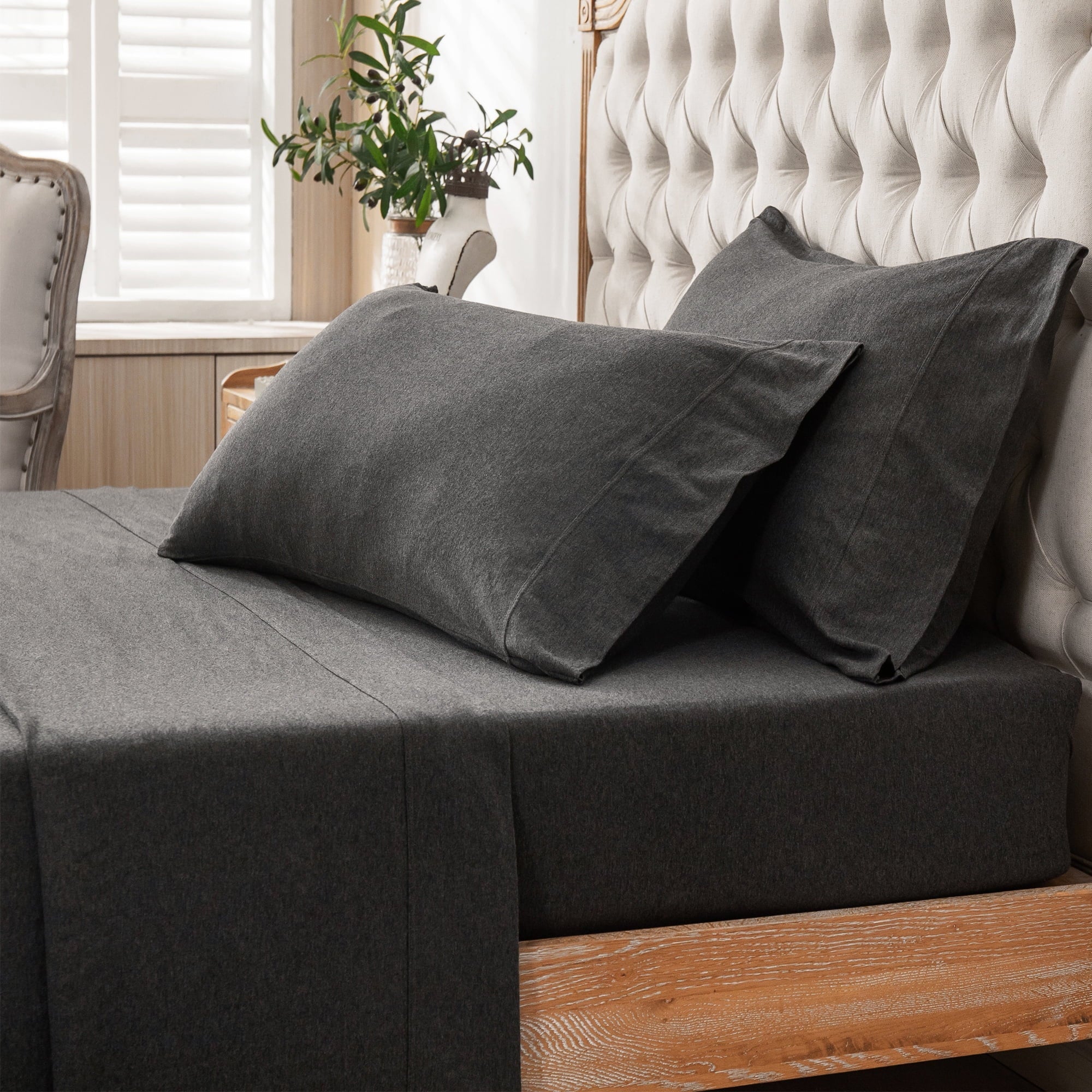 Wrinkle-Resistant 100% Cotton Jersey Knit 4pc Bed Sheet Set Extra Deep Pocket up to 20" Charcoal Gray Queen - Premium Ultra-Soft Pillowcase Pair for Sleeping Detail