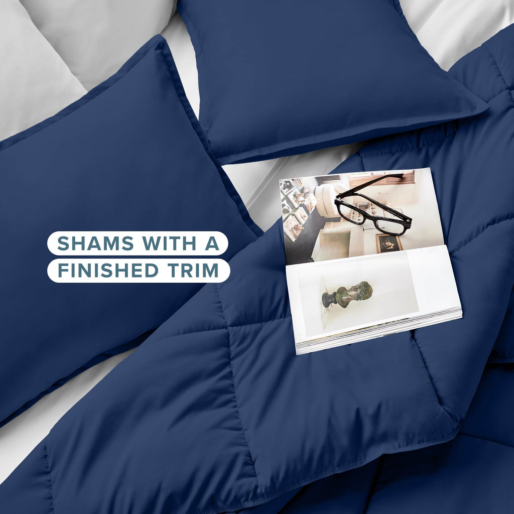 Luxurious Quilted Down Alternative Comforter Set - 3-Pieces - All Seasons - Queen, Dark Blue - Cloud-Like Soft Lightweight Bed Comforter Detail