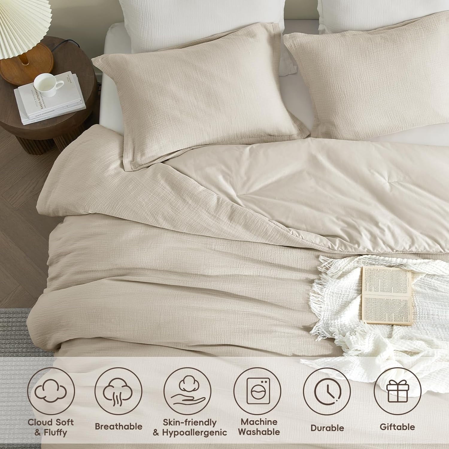 Luxurious Quilted Cotton Muslin Comforter Set Queen Size, Ultra Soft Breathable & Lightweight Bedding Set for All Seasons, 1 Comfy Comf... - Hypoallergenic Ultra-Fluffy Quilt for Winter Detail