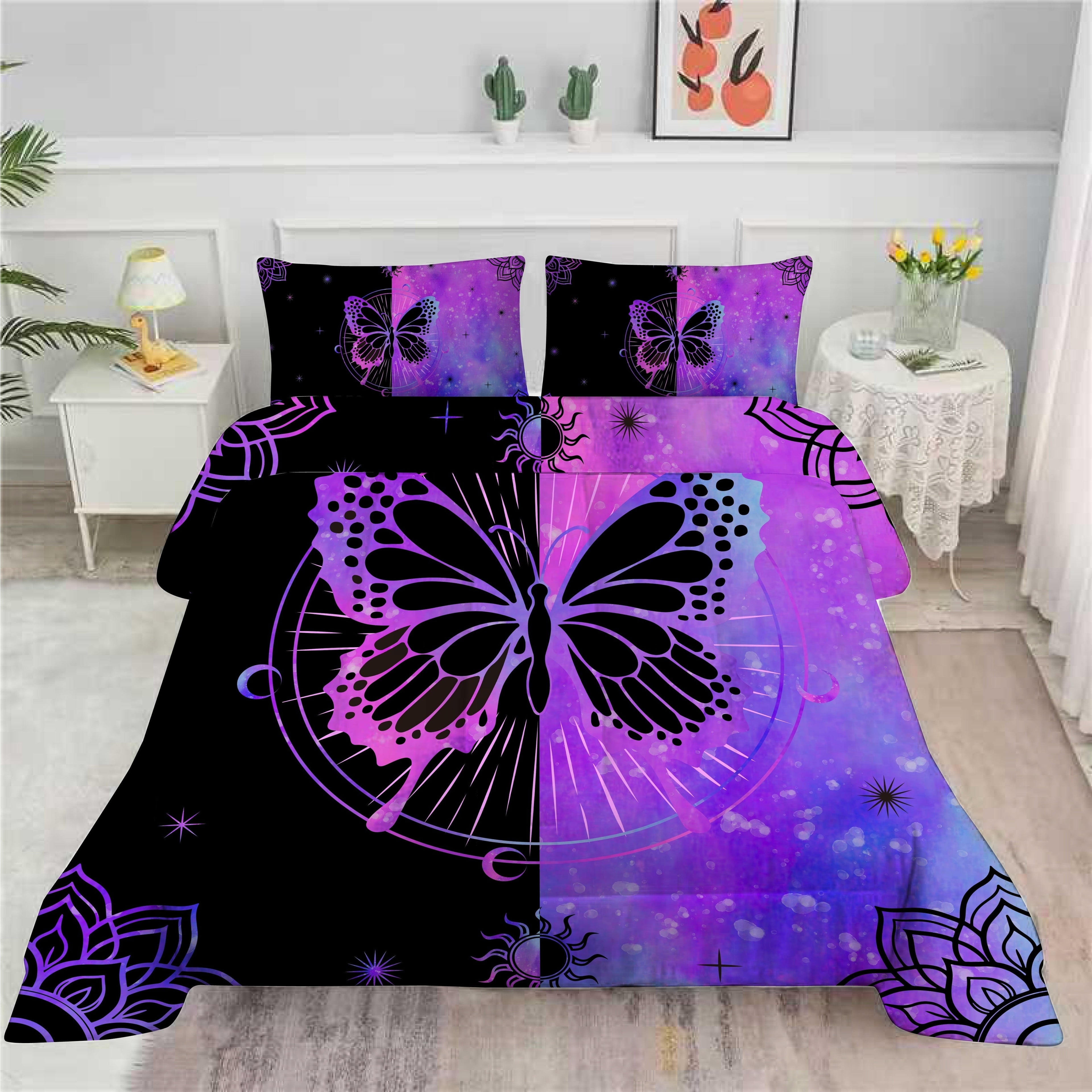 Hypoallergenic Cloud Butterfly Comforter Set Full Size for Girls Kids Teens Black Blue Purple Tie Dye Bedding Set 3 Pieces - All-Season Down Alternative Comforter Insert Detail