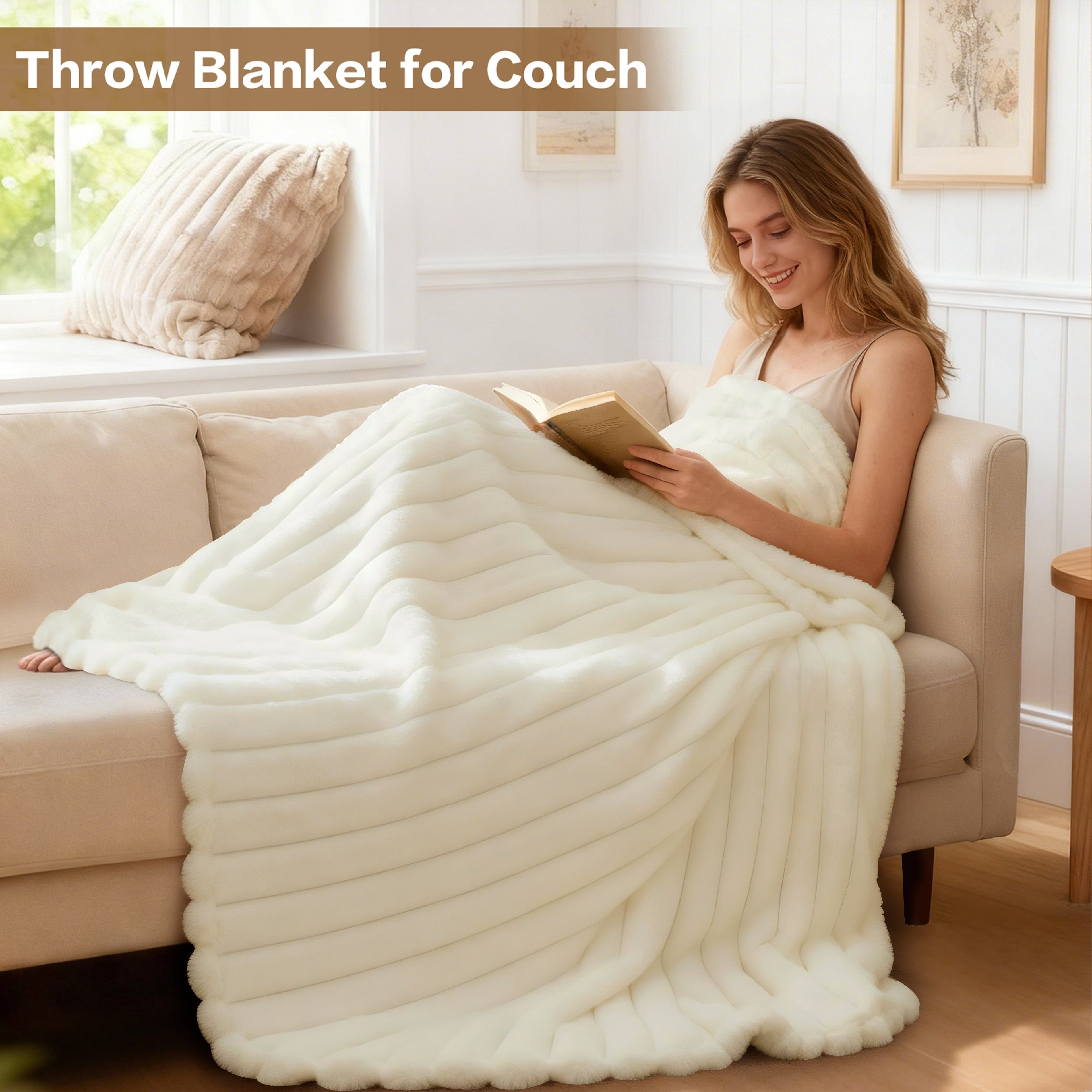 Decorative Knitted White Fleece Throw Blanket for Couch, Super Soft Cozy Blankets and Throws, Decorative Fleece Blankets for Women Men G... - Cozy Fleece Throw Blanket for Couch & Bed Detail